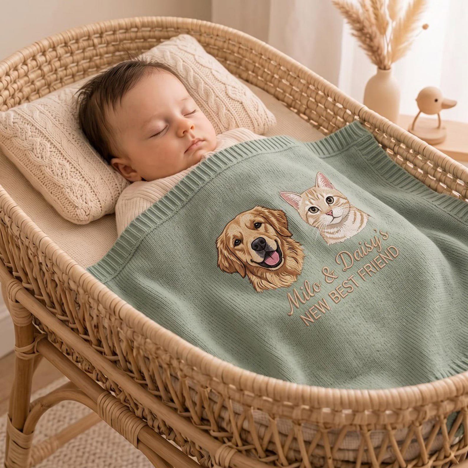 Embroidered Custom Pet Baby Blanket, Custom Dog Portrait Newborn Blanket, Baby and Fur Sibling Gift, Pet Name Nursery Keepsake 2