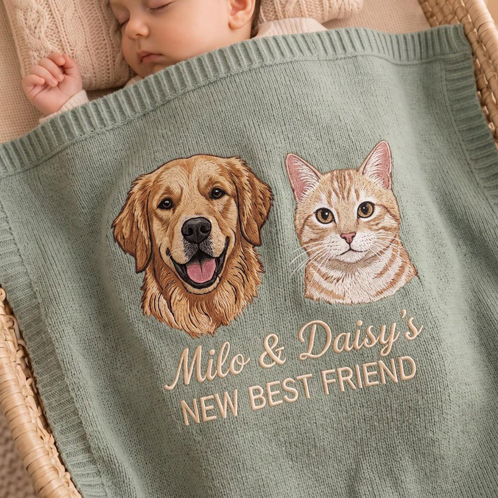 Embroidered Custom Pet Baby Blanket, Custom Dog Portrait Newborn Blanket, Baby and Fur Sibling Gift, Pet Name Nursery Keepsake 3