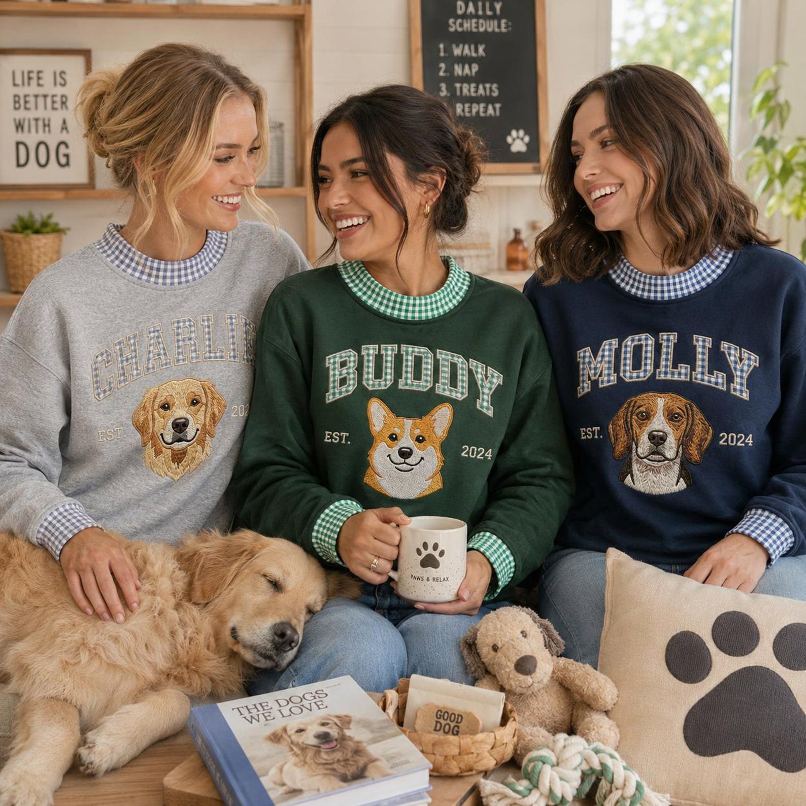 Personalized Dog Portrait Gingham Neck Sweatshirt, Custom Pet Embroidered Crewneck, Pet Name Shirt, Dog Mom Pet Lover Keepsake Gift 3