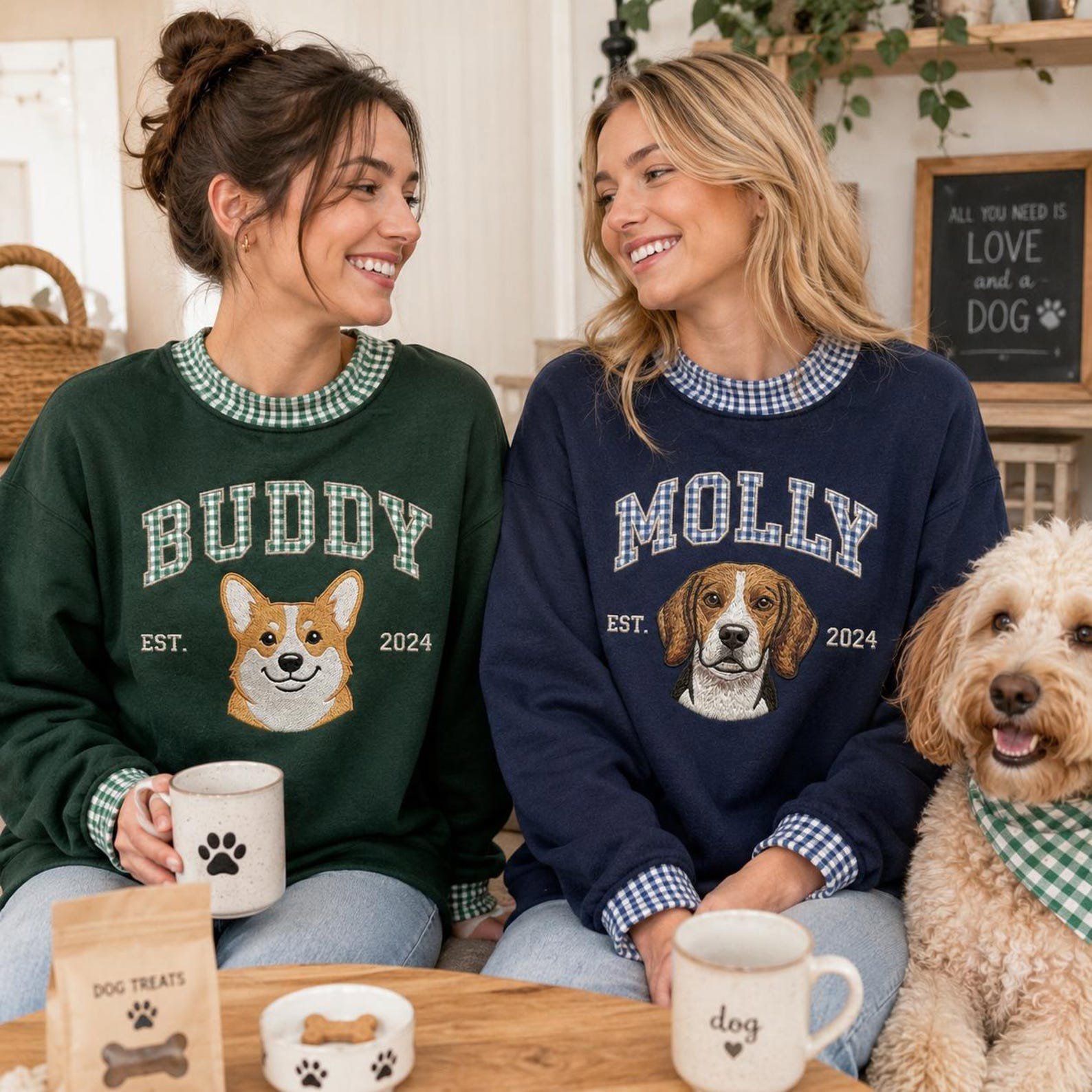 Personalized Dog Portrait Gingham Neck Sweatshirt, Custom Pet Embroidered Crewneck, Pet Name Shirt, Dog Mom Pet Lover Keepsake Gift 1