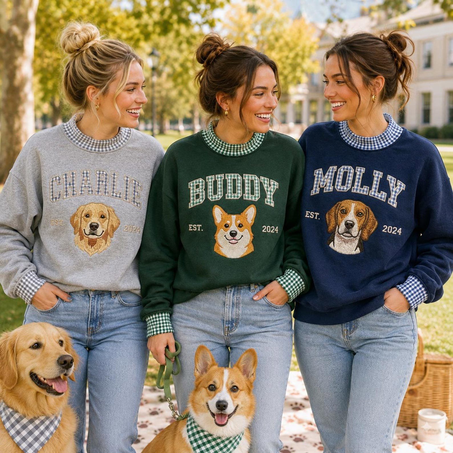 Personalized Dog Portrait Gingham Neck Sweatshirt, Custom Pet Embroidered Crewneck, Pet Name Shirt, Dog Mom Pet Lover Keepsake Gift 4