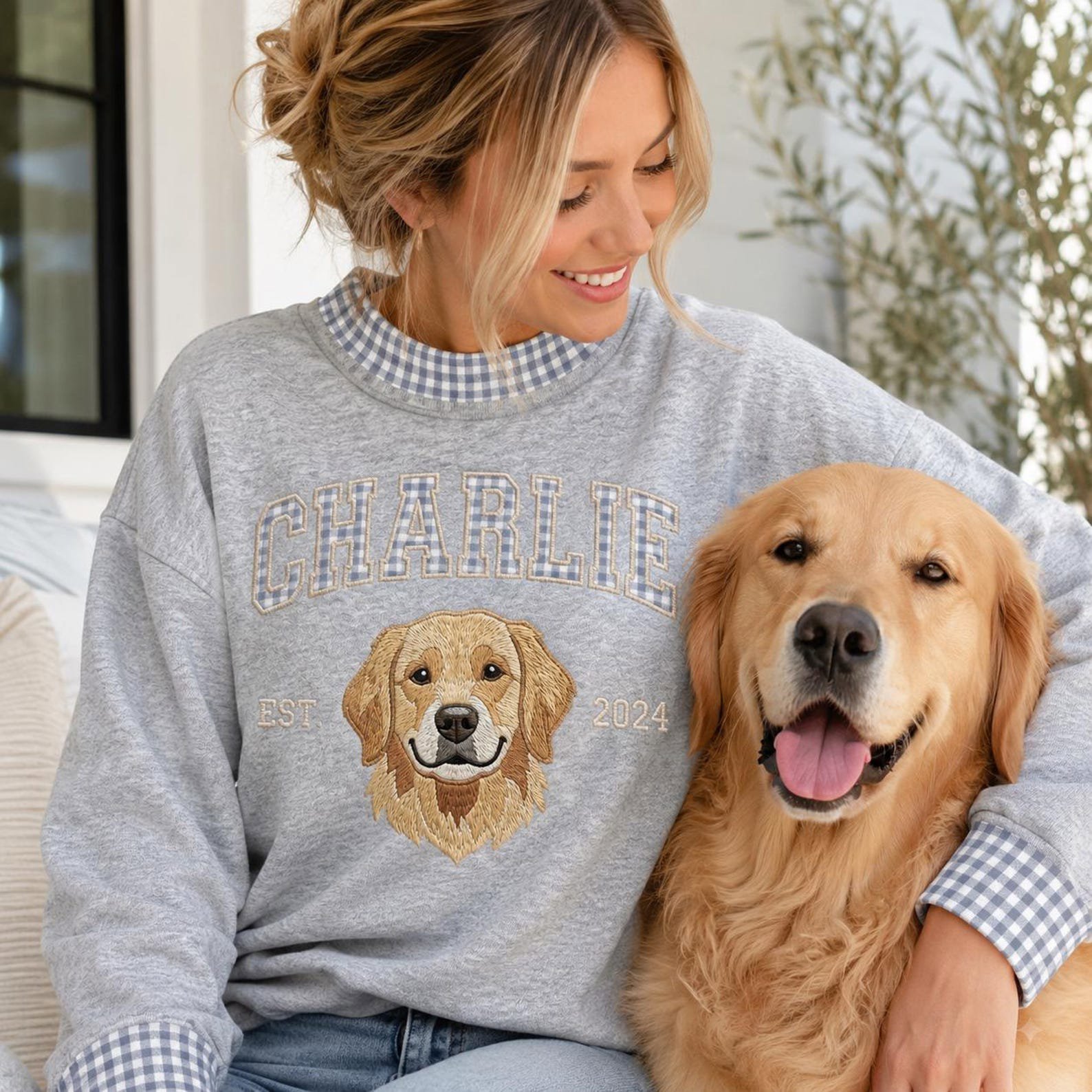 Personalized Dog Portrait Gingham Neck Sweatshirt, Custom Pet Embroidered Crewneck, Pet Name Shirt, Dog Mom Pet Lover Keepsake Gift 6