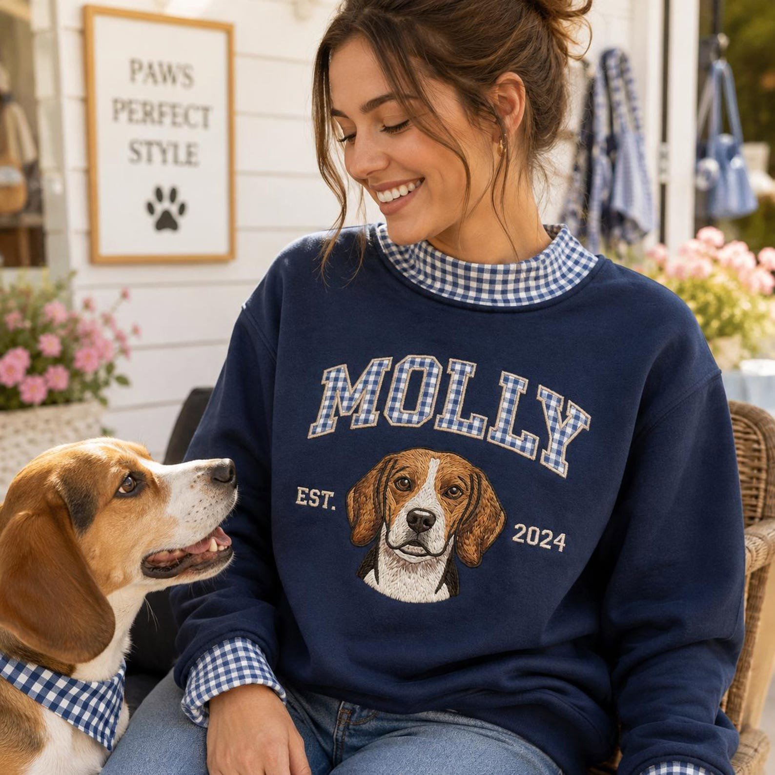 Personalized Dog Portrait Gingham Neck Sweatshirt, Custom Pet Embroidered Crewneck, Pet Name Shirt, Dog Mom Pet Lover Keepsake Gift 7