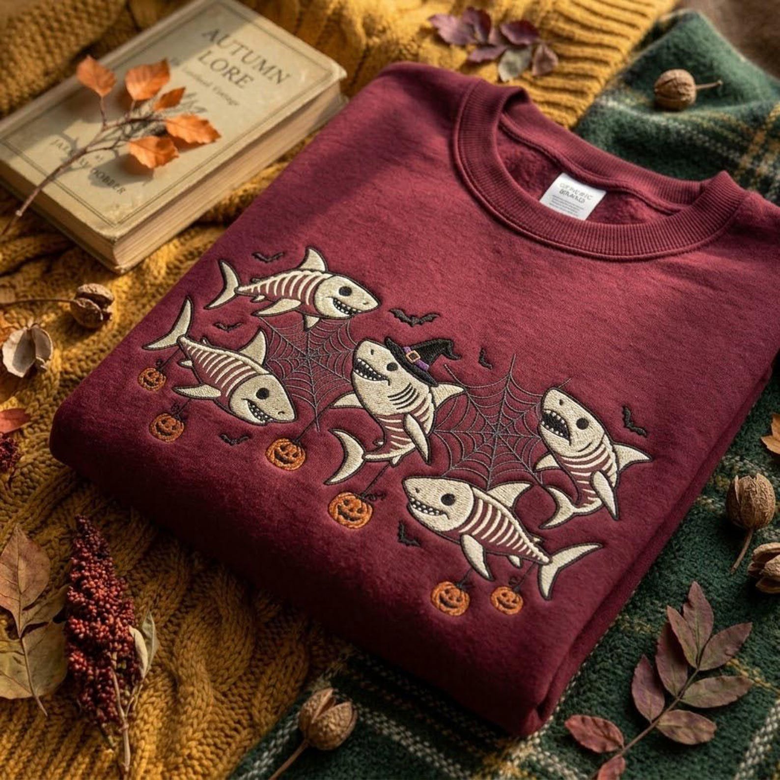 Skeleton Shark Embroidered Sweatshirt, Spooky Halloween Ocean Crewneck, Pumpkin Shark Shirt, Marine Biology Sea Life Lover Gift 1