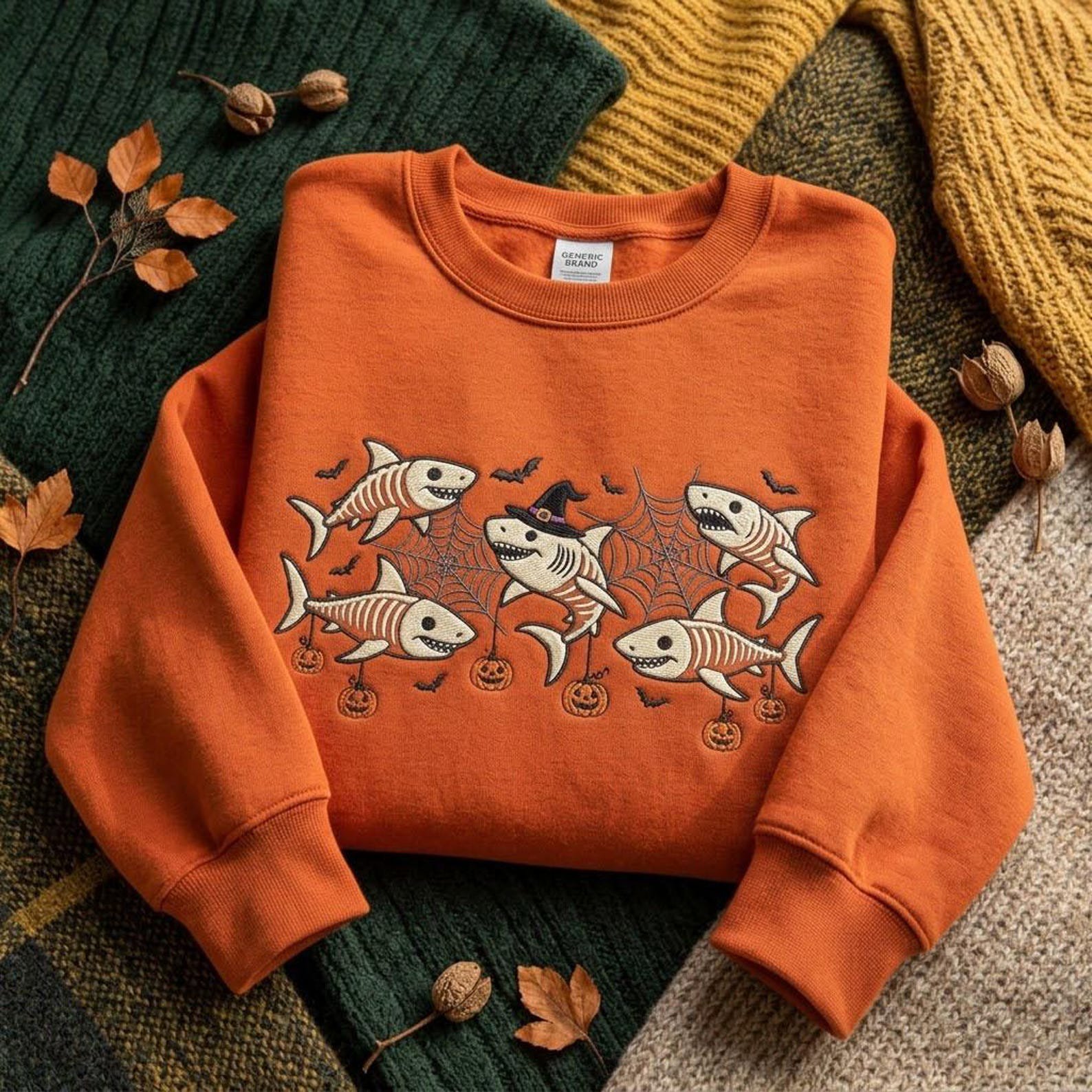 Skeleton Shark Embroidered Sweatshirt, Spooky Halloween Ocean Crewneck, Pumpkin Shark Shirt, Marine Biology Sea Life Lover Gift 2