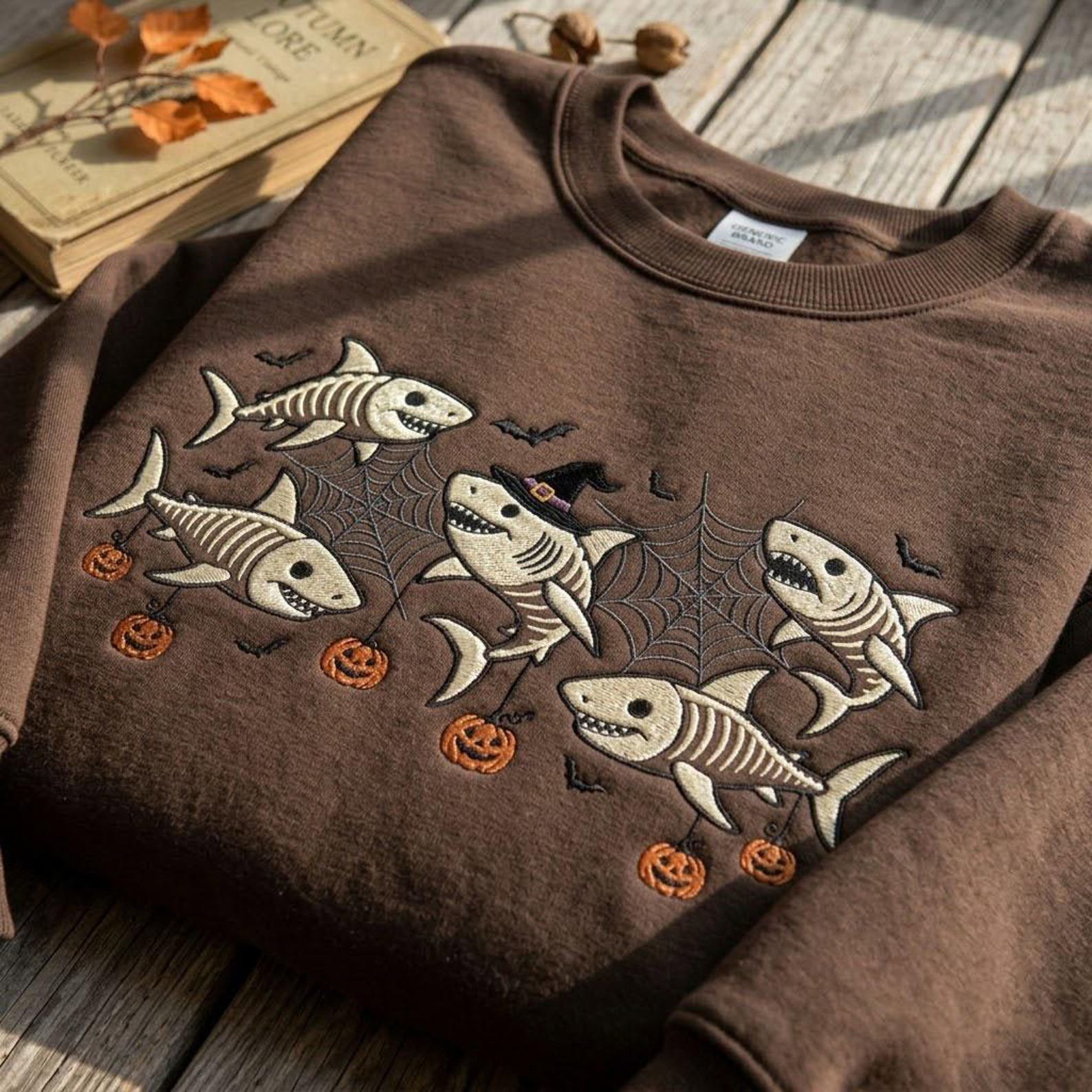 Skeleton Shark Embroidered Sweatshirt, Spooky Halloween Ocean Crewneck, Pumpkin Shark Shirt, Marine Biology Sea Life Lover Gift 3
