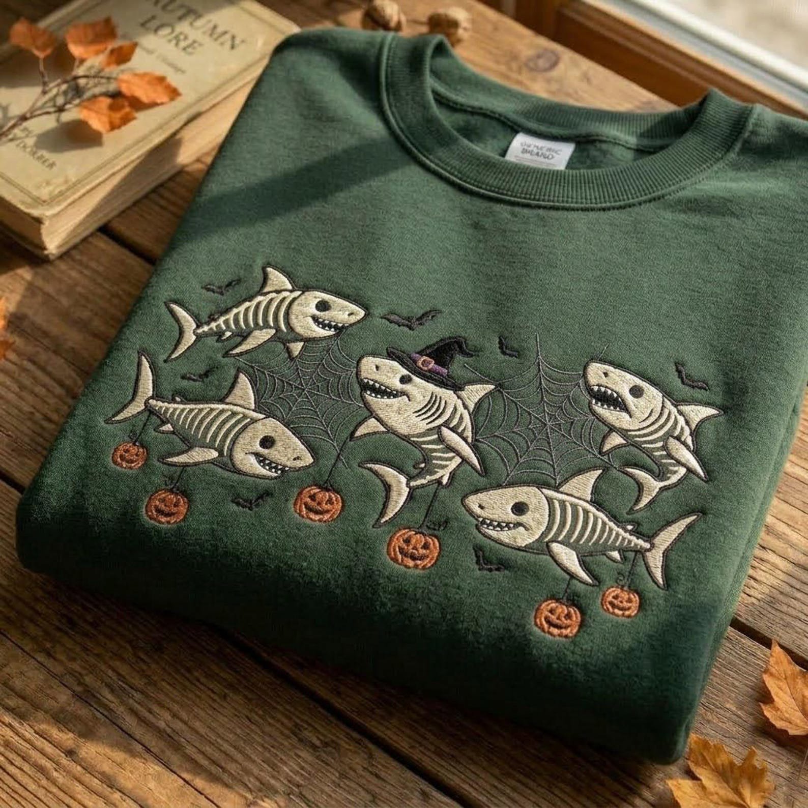 Skeleton Shark Embroidered Sweatshirt, Spooky Halloween Ocean Crewneck, Pumpkin Shark Shirt, Marine Biology Sea Life Lover Gift 5