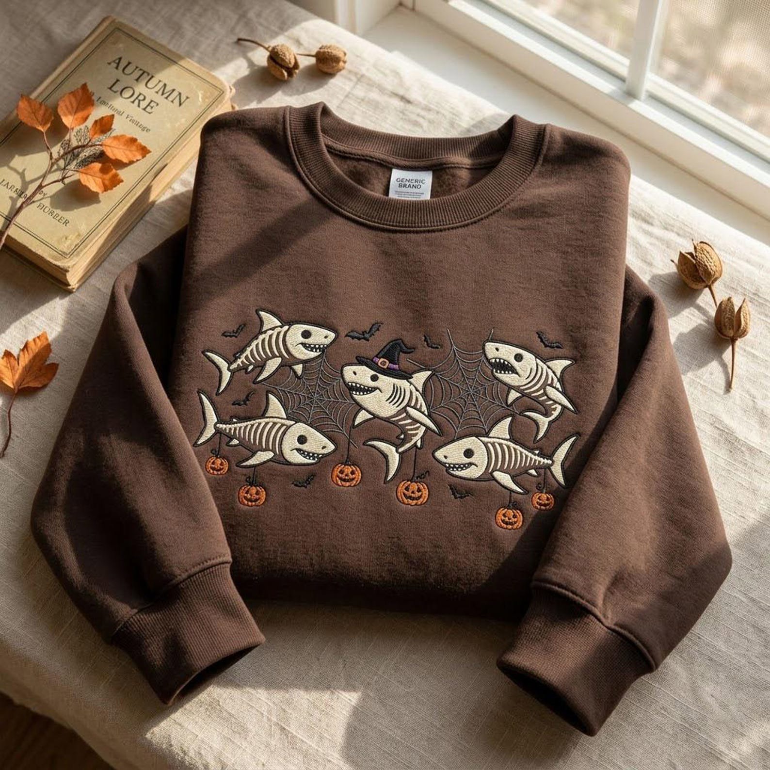 Skeleton Shark Embroidered Sweatshirt, Spooky Halloween Ocean Crewneck, Pumpkin Shark Shirt, Marine Biology Sea Life Lover Gift 4