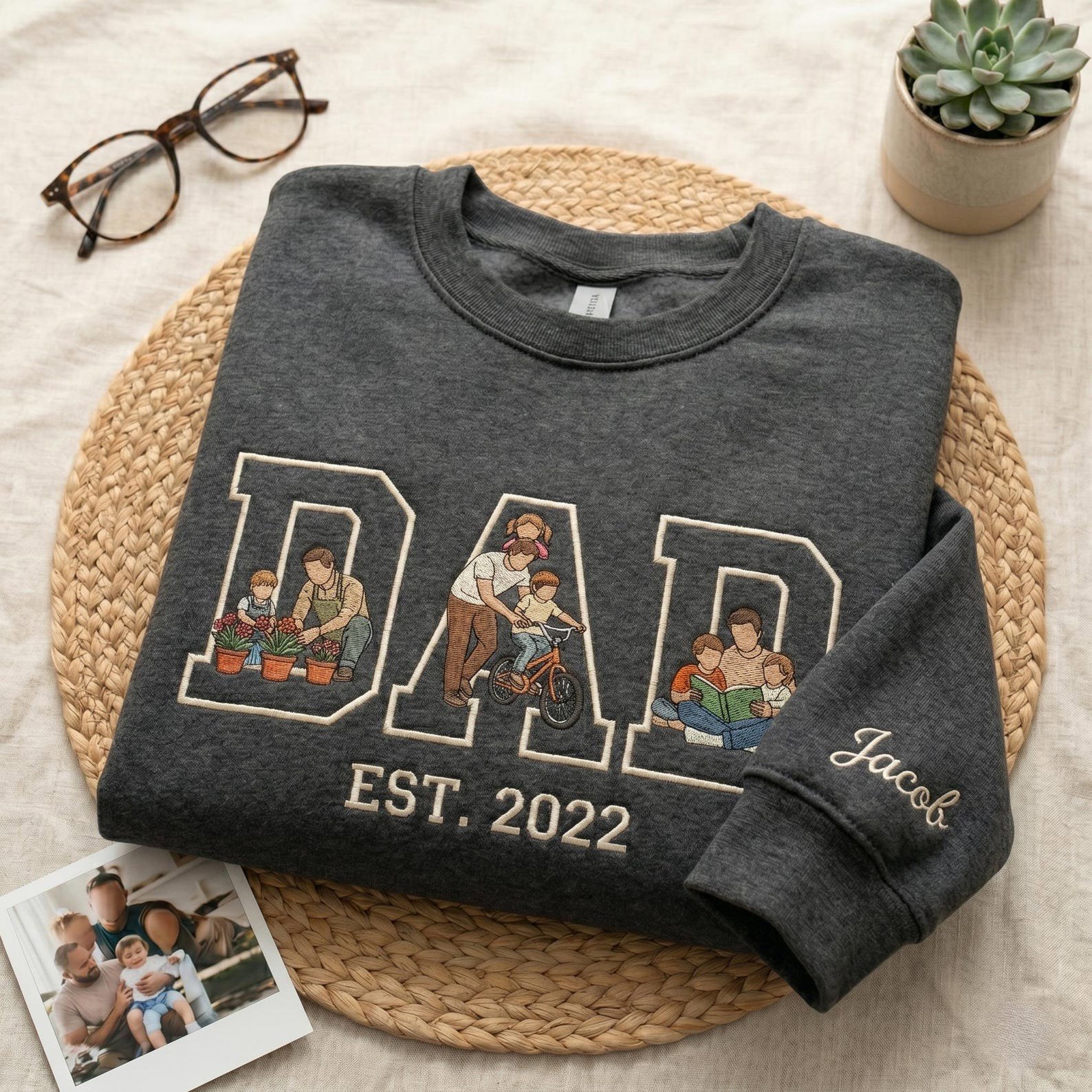 Custom Embroidered Dad with Photo Sweatshirt, Embroidered Faceless Portrait Shirt, Dad Gift Idea, Custom Father's Day Gift 3