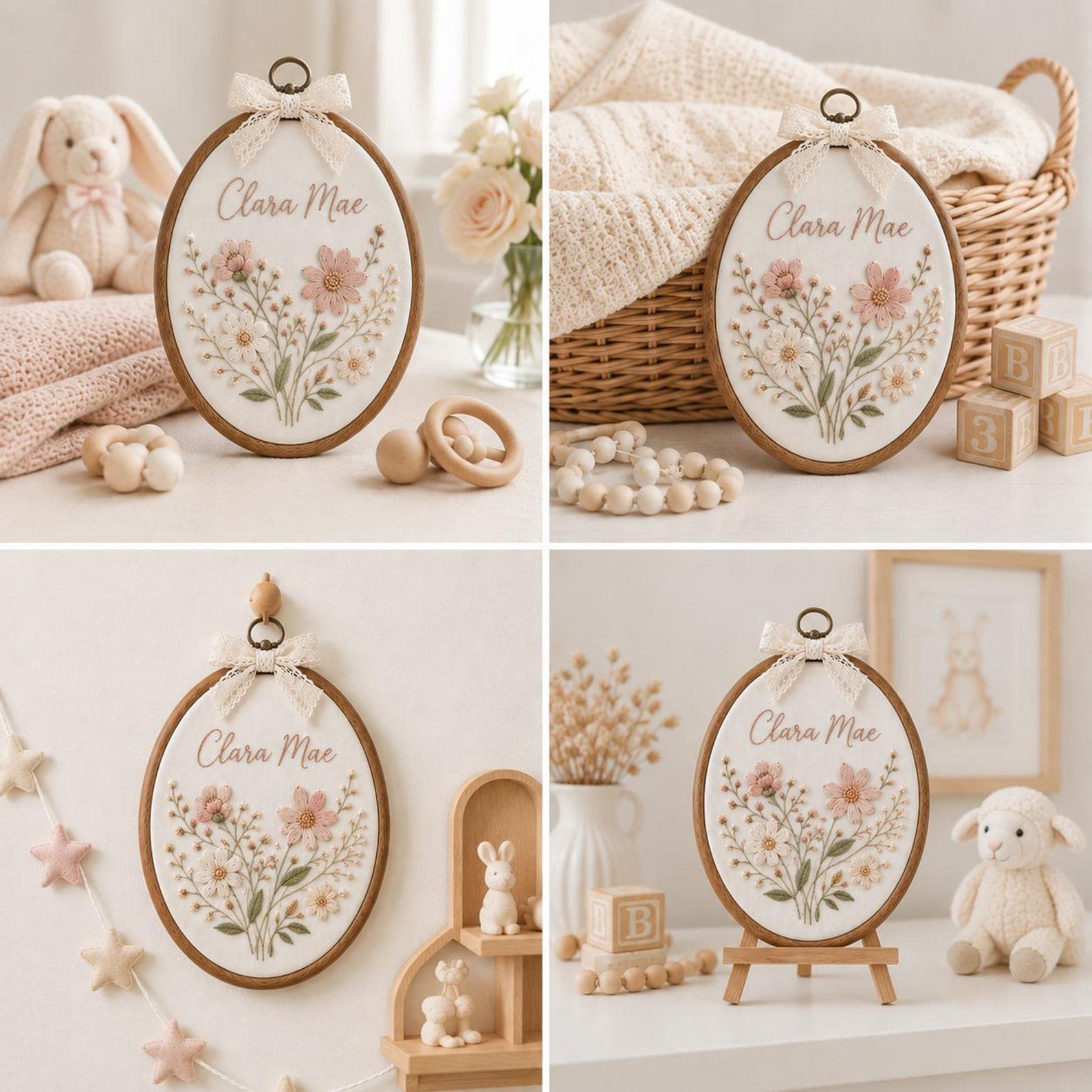 Personalized Floral Baby Name Embroidered Ornament, Custom Baby Nursery Name, Floral Baby Shower Wall Art, Newborn Name Announcement Gift 2