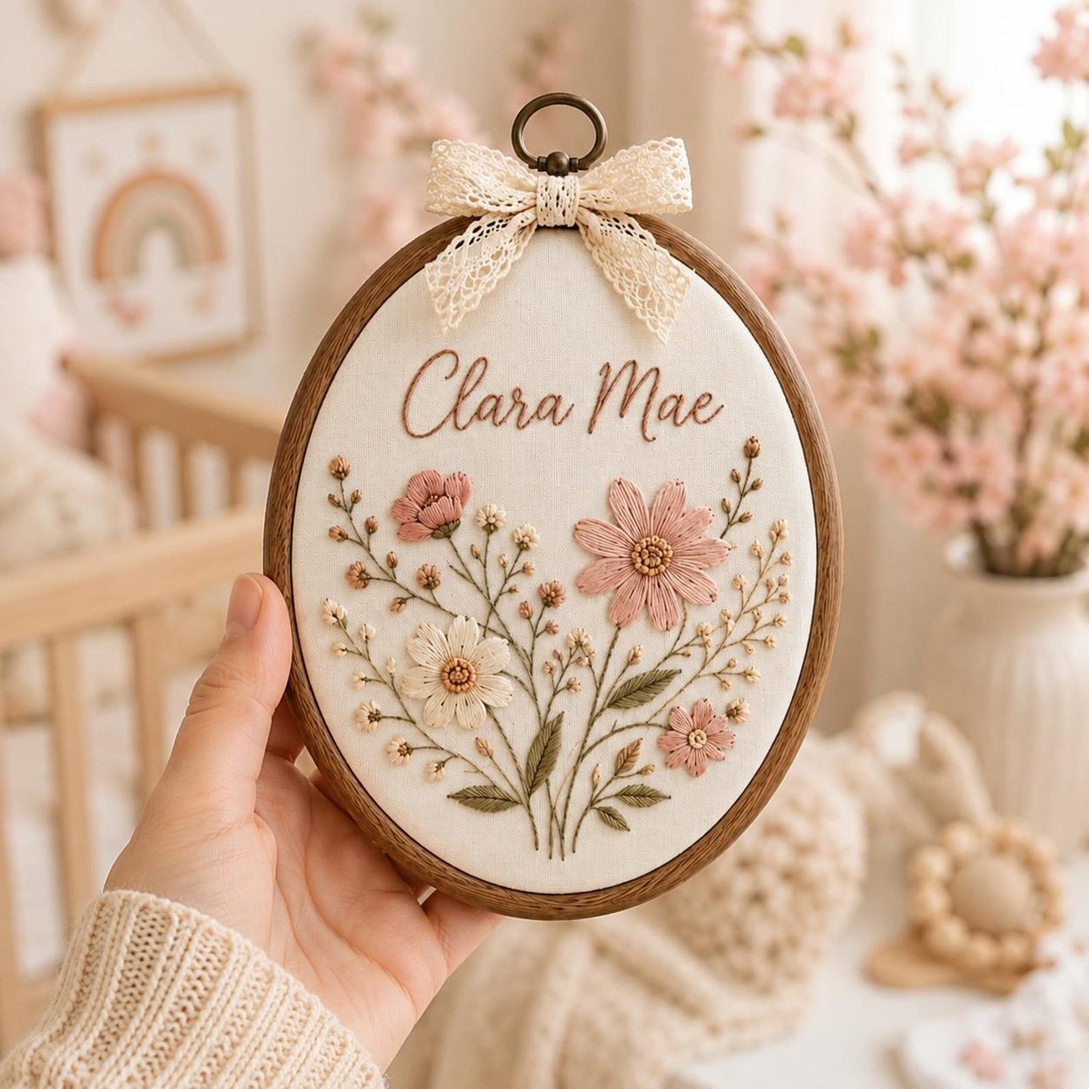 Personalized Floral Baby Name Embroidered Ornament, Custom Baby Nursery Name, Floral Baby Shower Wall Art, Newborn Name Announcement Gift 1