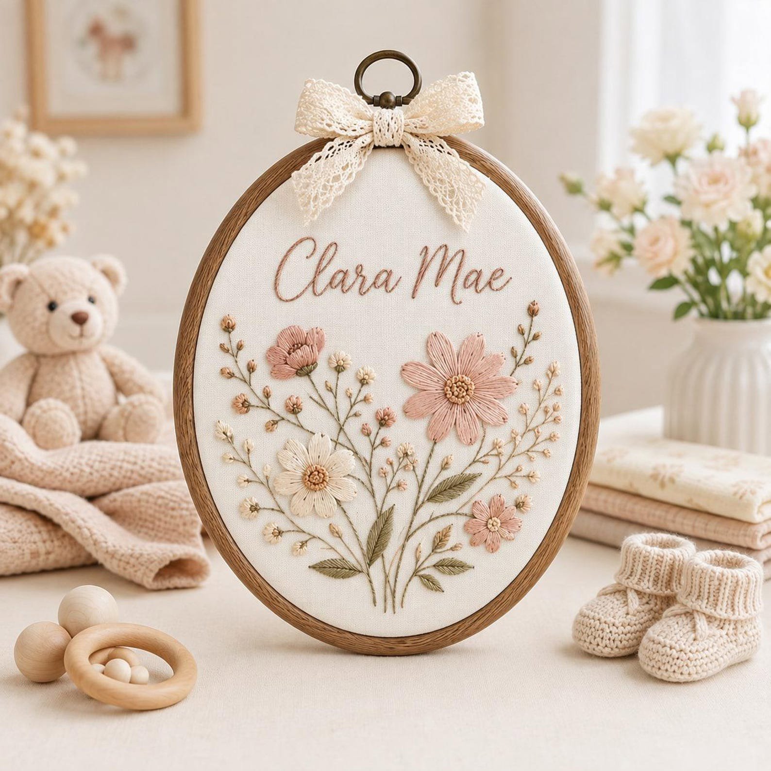 Personalized Floral Baby Name Embroidered Ornament, Custom Baby Nursery Name, Floral Baby Shower Wall Art, Newborn Name Announcement Gift 3