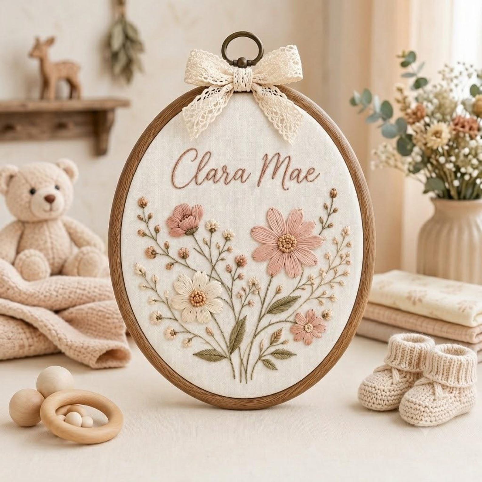 Personalized Floral Baby Name Embroidered Ornament, Custom Baby Nursery Name, Floral Baby Shower Wall Art, Newborn Name Announcement Gift 4