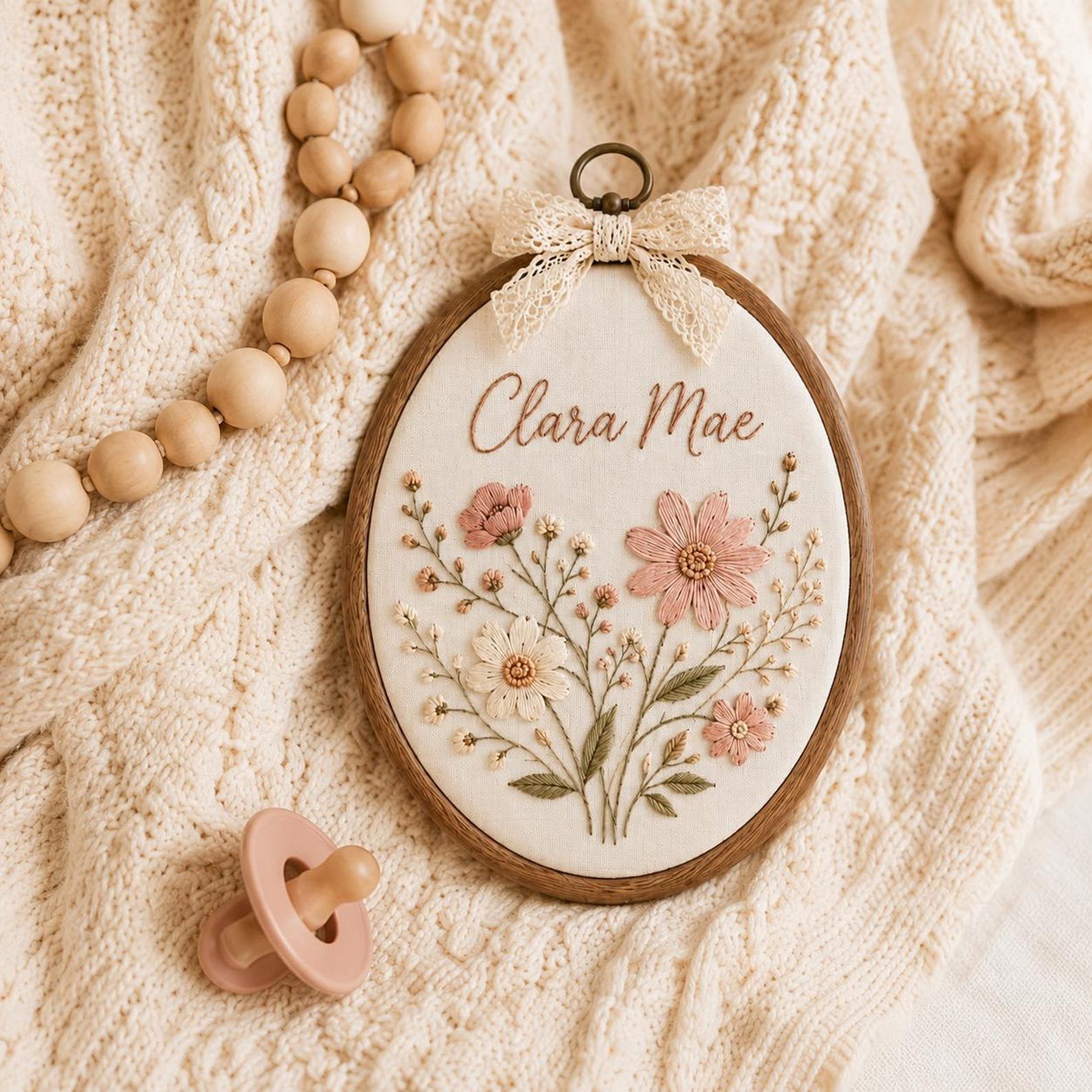 Personalized Floral Baby Name Embroidered Ornament, Custom Baby Nursery Name, Floral Baby Shower Wall Art, Newborn Name Announcement Gift 5