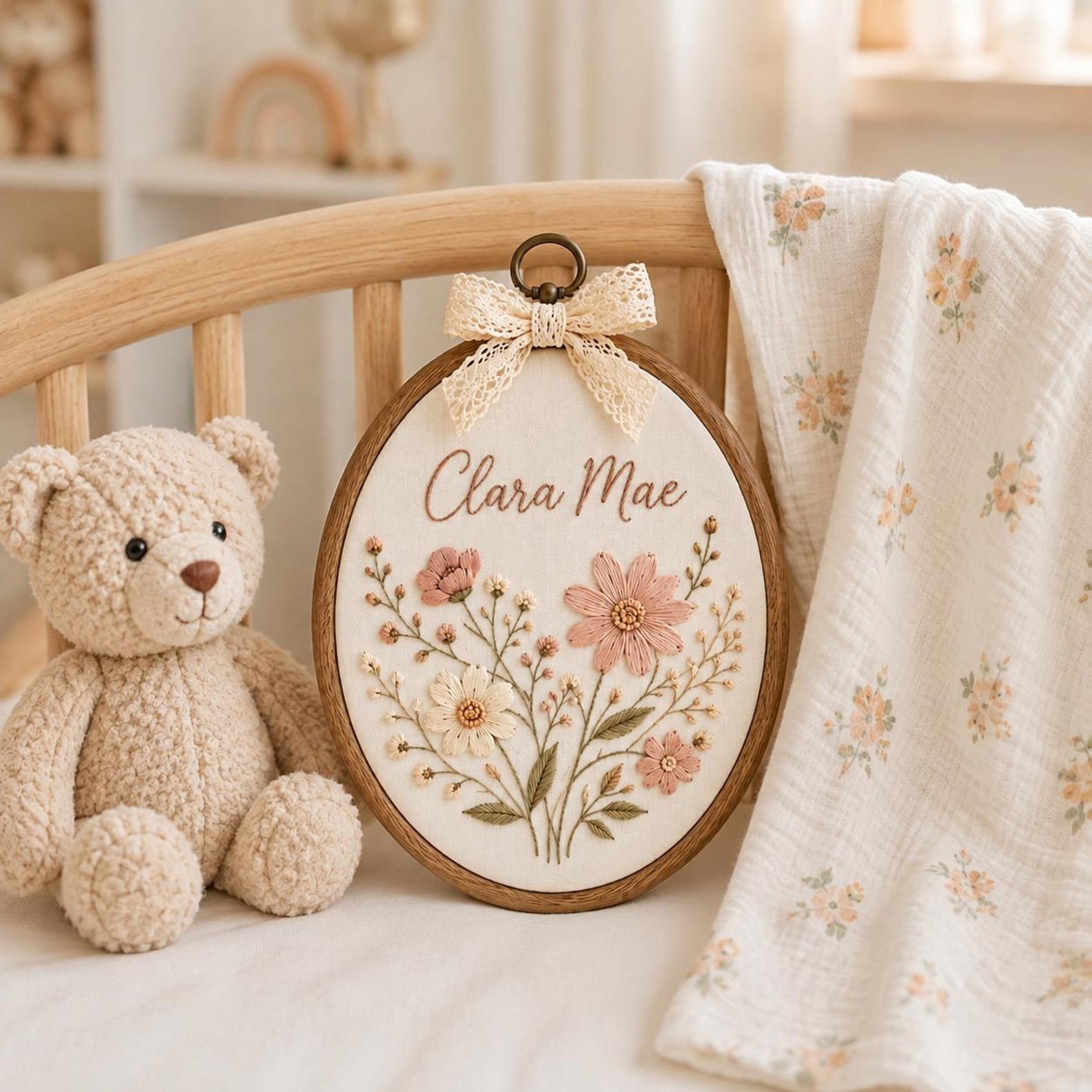 Personalized Floral Baby Name Embroidered Ornament, Custom Baby Nursery Name, Floral Baby Shower Wall Art, Newborn Name Announcement Gift 6