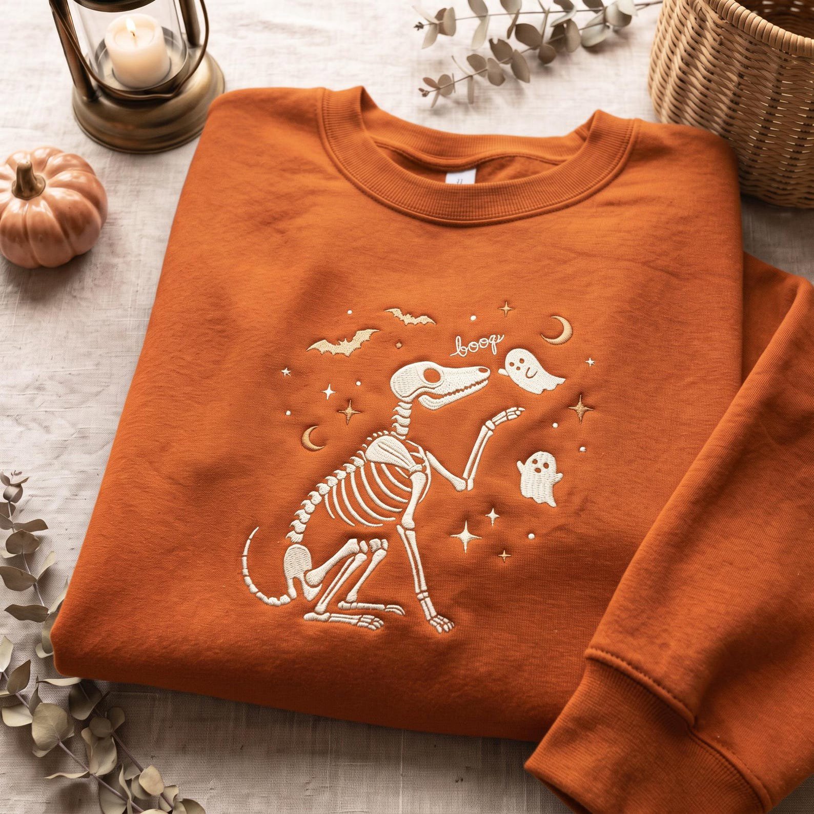 Spooky Dog Skeleton Embroidered Sweatshirt, Cute Ghost Halloween Shirt, Embroidered Boop Dog Shirt, Cozy Fall Spooky Season Gift Idea 1