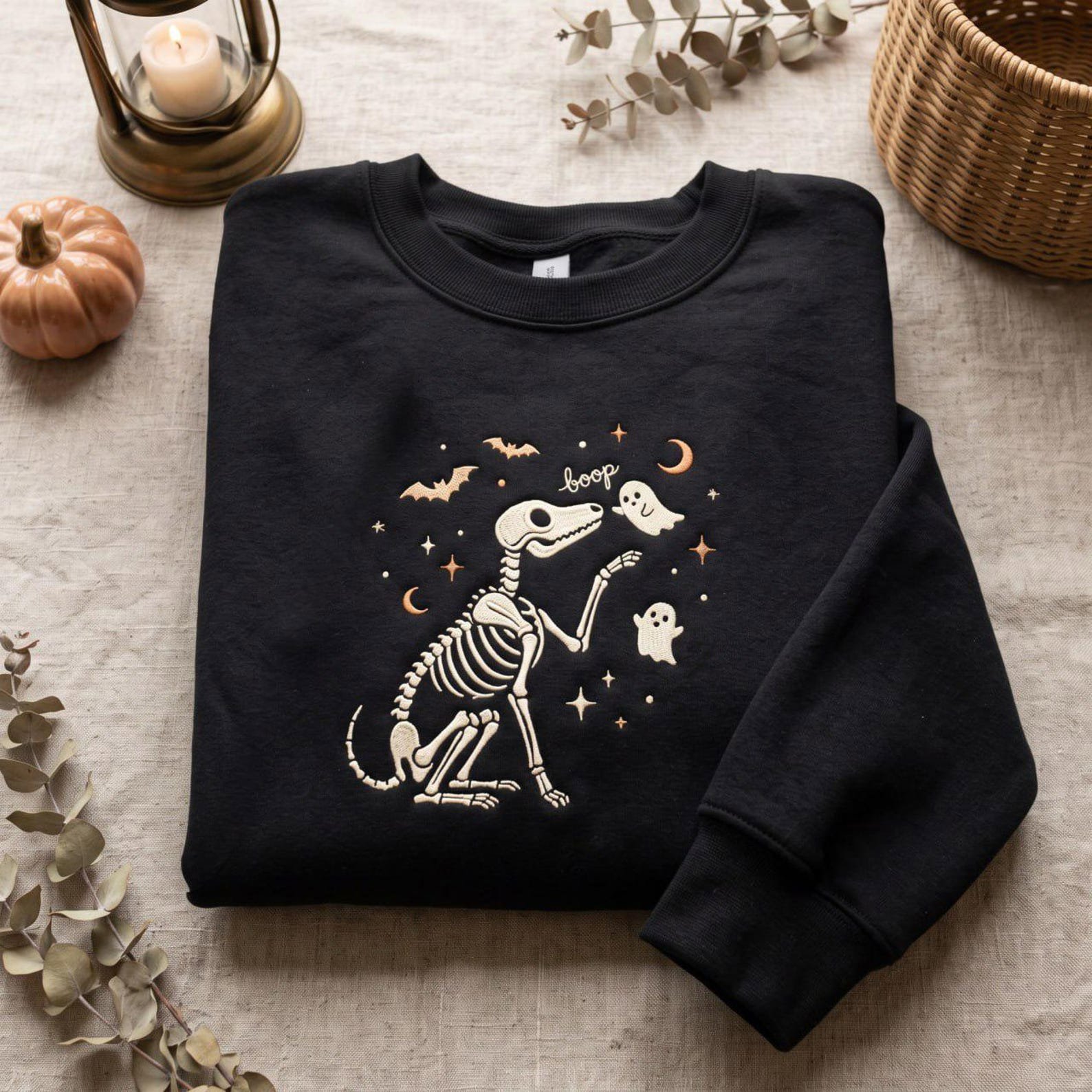 Spooky Dog Skeleton Embroidered Sweatshirt, Cute Ghost Halloween Shirt, Embroidered Boop Dog Shirt, Cozy Fall Spooky Season Gift Idea 2