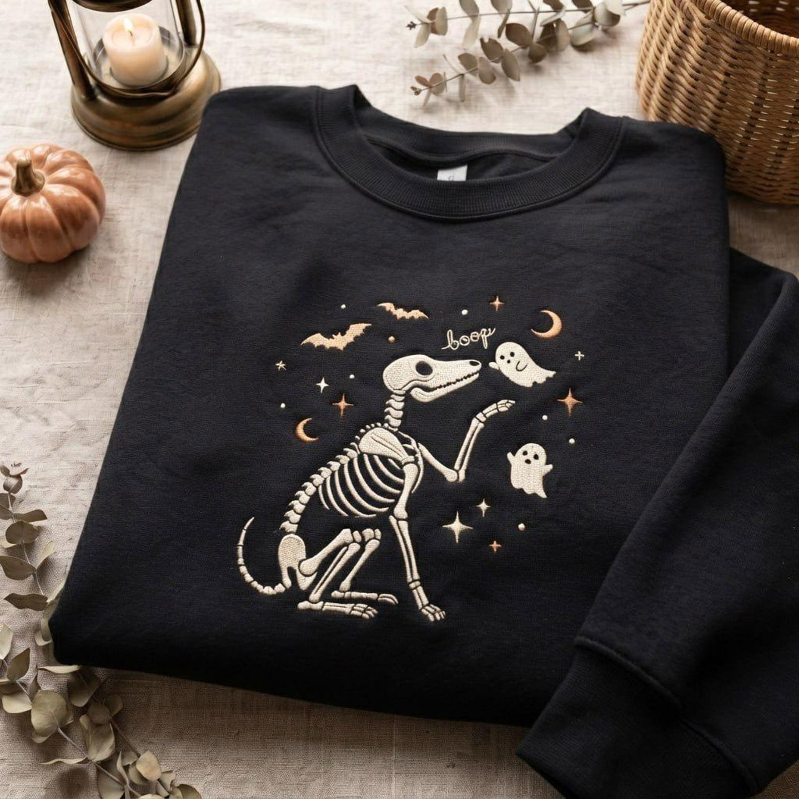 Spooky Dog Skeleton Embroidered Sweatshirt, Cute Ghost Halloween Shirt, Embroidered Boop Dog Shirt, Cozy Fall Spooky Season Gift Idea 4