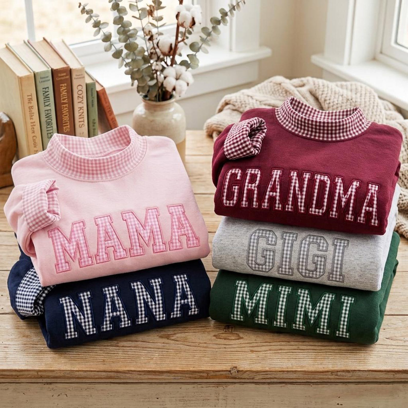 Embroidered Mama Grandma Gingham Mock Neck Sweatshirt, Gigi Nana Mimi Applique Shirt, Custom Family Name Gift, Gift For Her 3