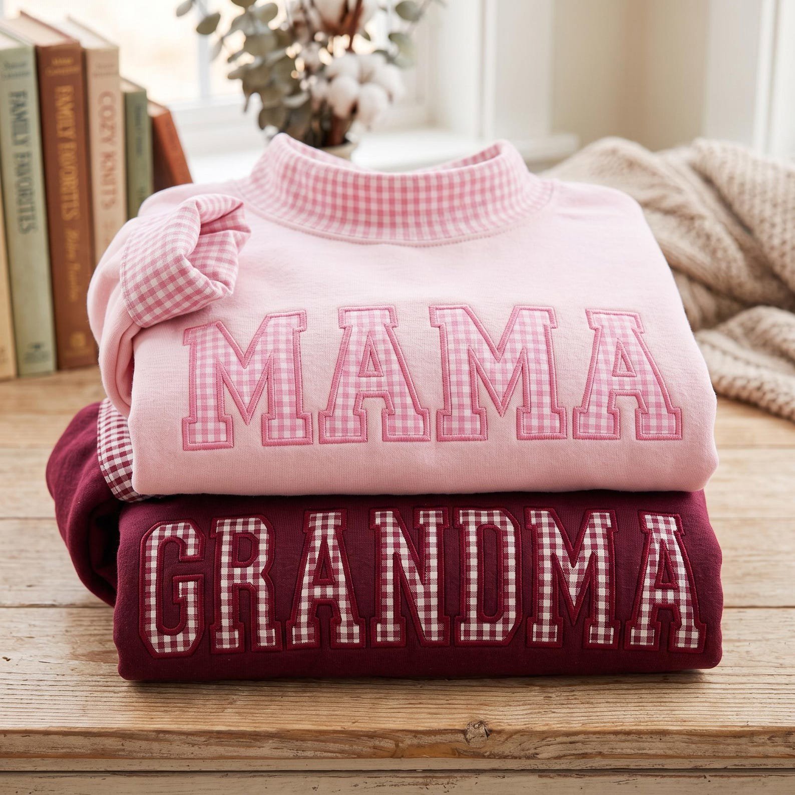 Embroidered Mama Grandma Gingham Mock Neck Sweatshirt, Gigi Nana Mimi Applique Shirt, Custom Family Name Gift, Gift For Her 1