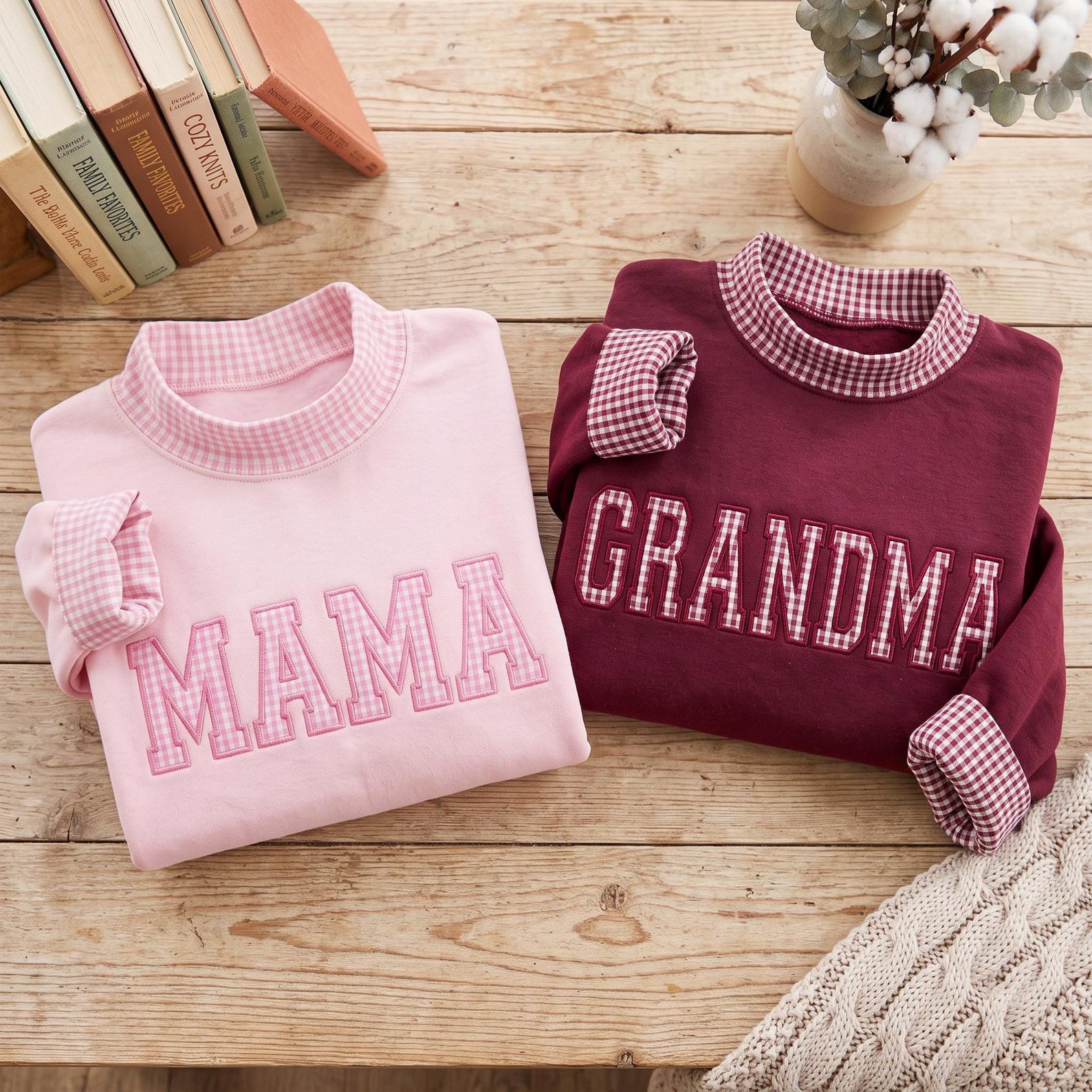 Embroidered Mama Grandma Gingham Mock Neck Sweatshirt, Gigi Nana Mimi Applique Shirt, Custom Family Name Gift, Gift For Her 4