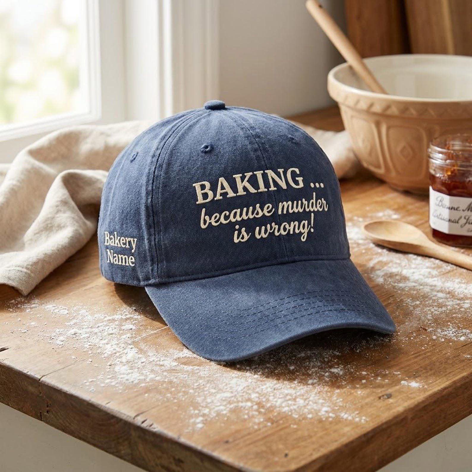 Custom Bakery Cap, Embroidered Baking Because Murder Is Wrong Hat, Funny Kitchen Gift for Bakers 2