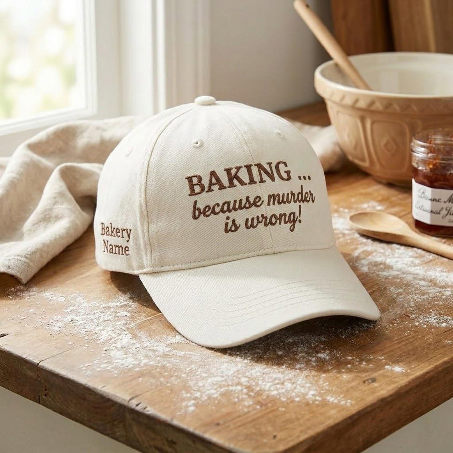 Custom Bakery Cap, Embroidered Baking Because Murder Is Wrong Hat, Funny Kitchen Gift for Bakers 3