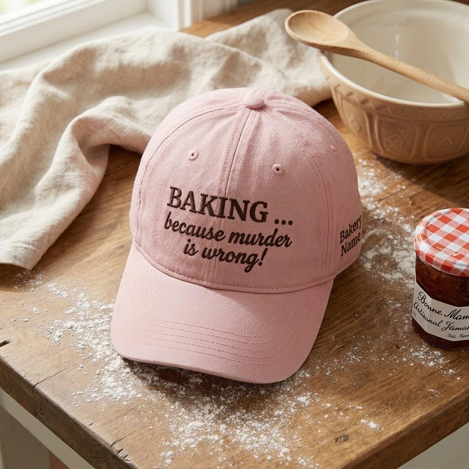 Custom Bakery Cap, Embroidered Baking Because Murder Is Wrong Hat, Funny Kitchen Gift for Bakers 1