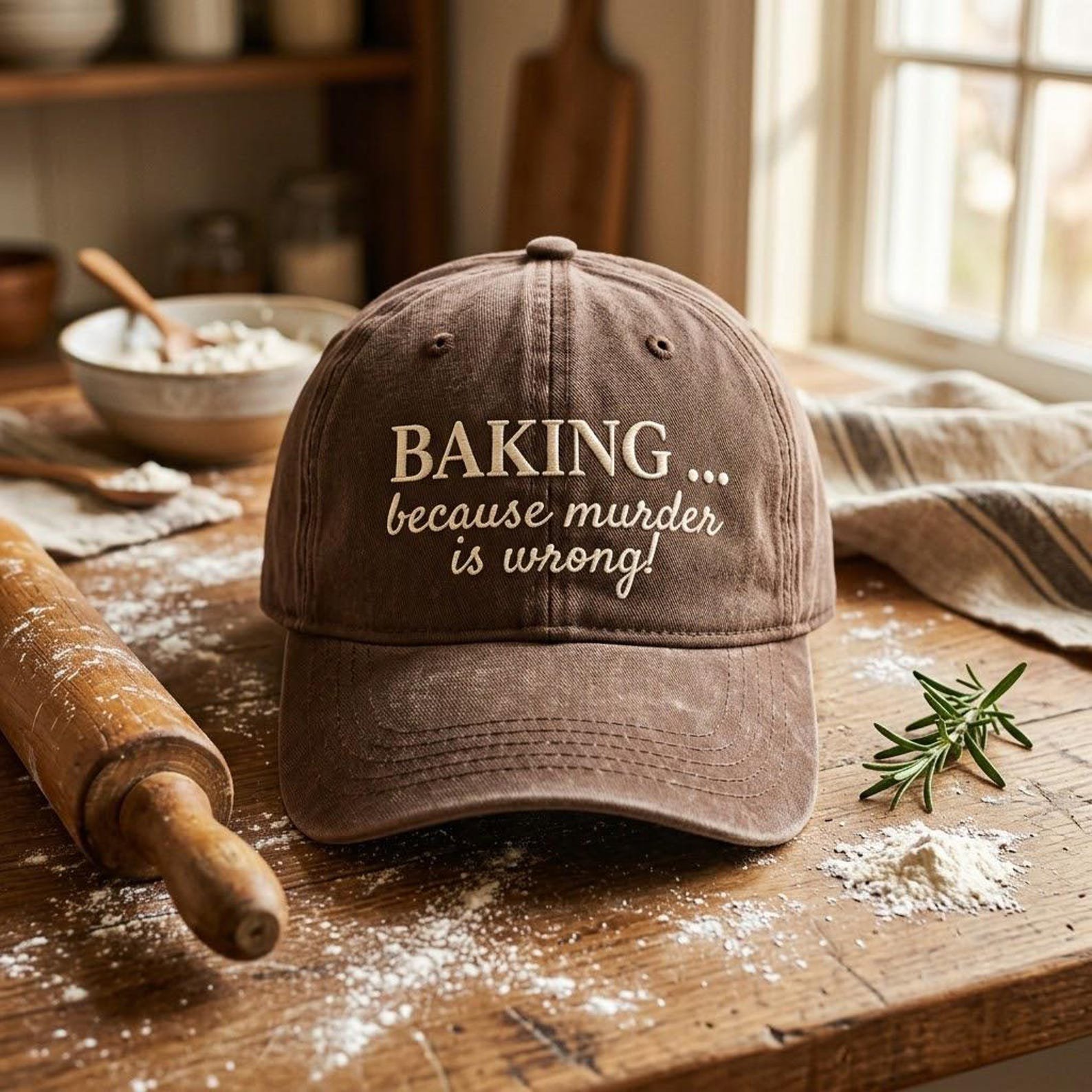 Custom Bakery Cap, Embroidered Baking Because Murder Is Wrong Hat, Funny Kitchen Gift for Bakers 4