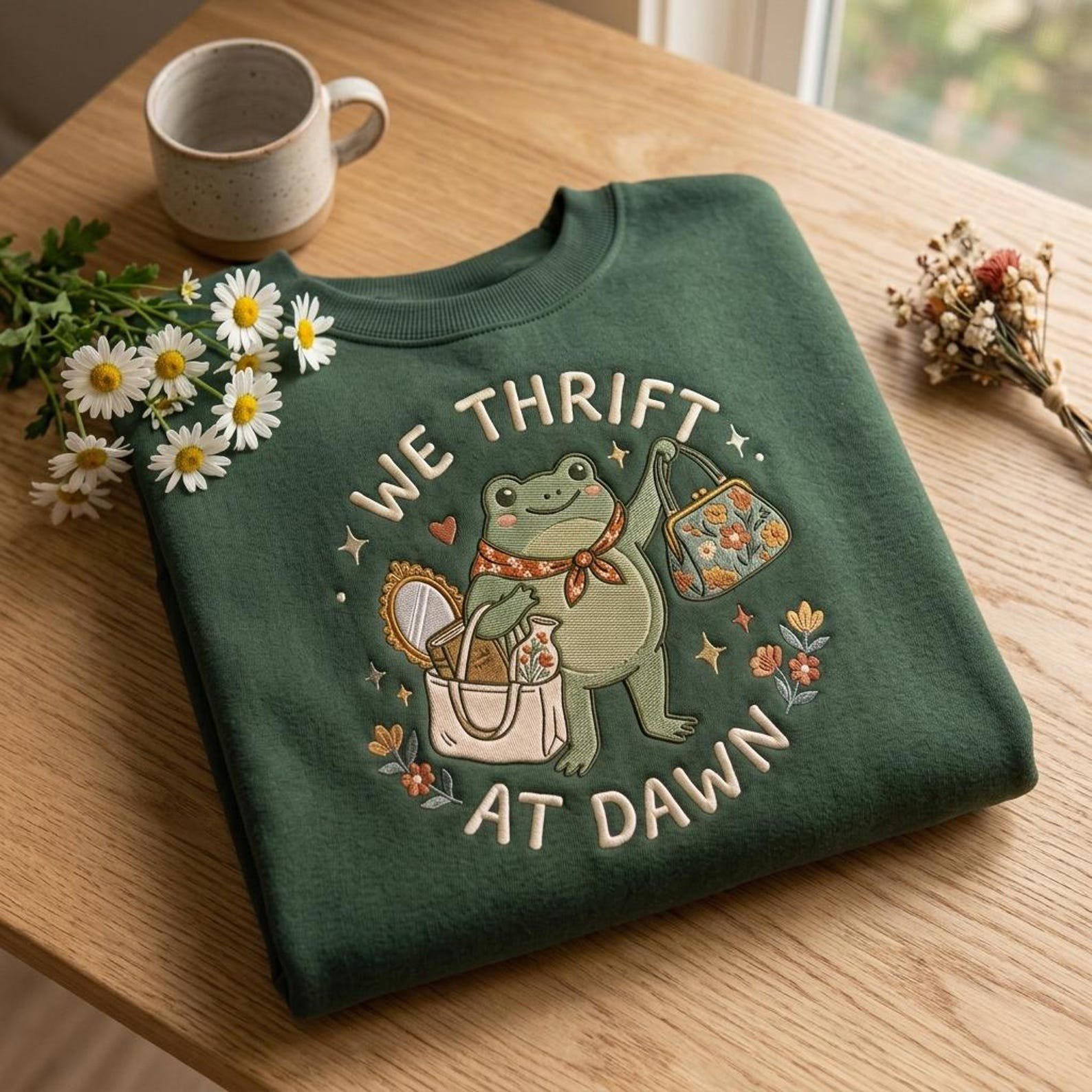 Embroidered We Thrift At Dawn Sweatshirt, Thrift Lover TShirt, Vintage Collector Gift Shirt, Funny Frog Meme Thrifting Shirt, Funny Frog Tee 1