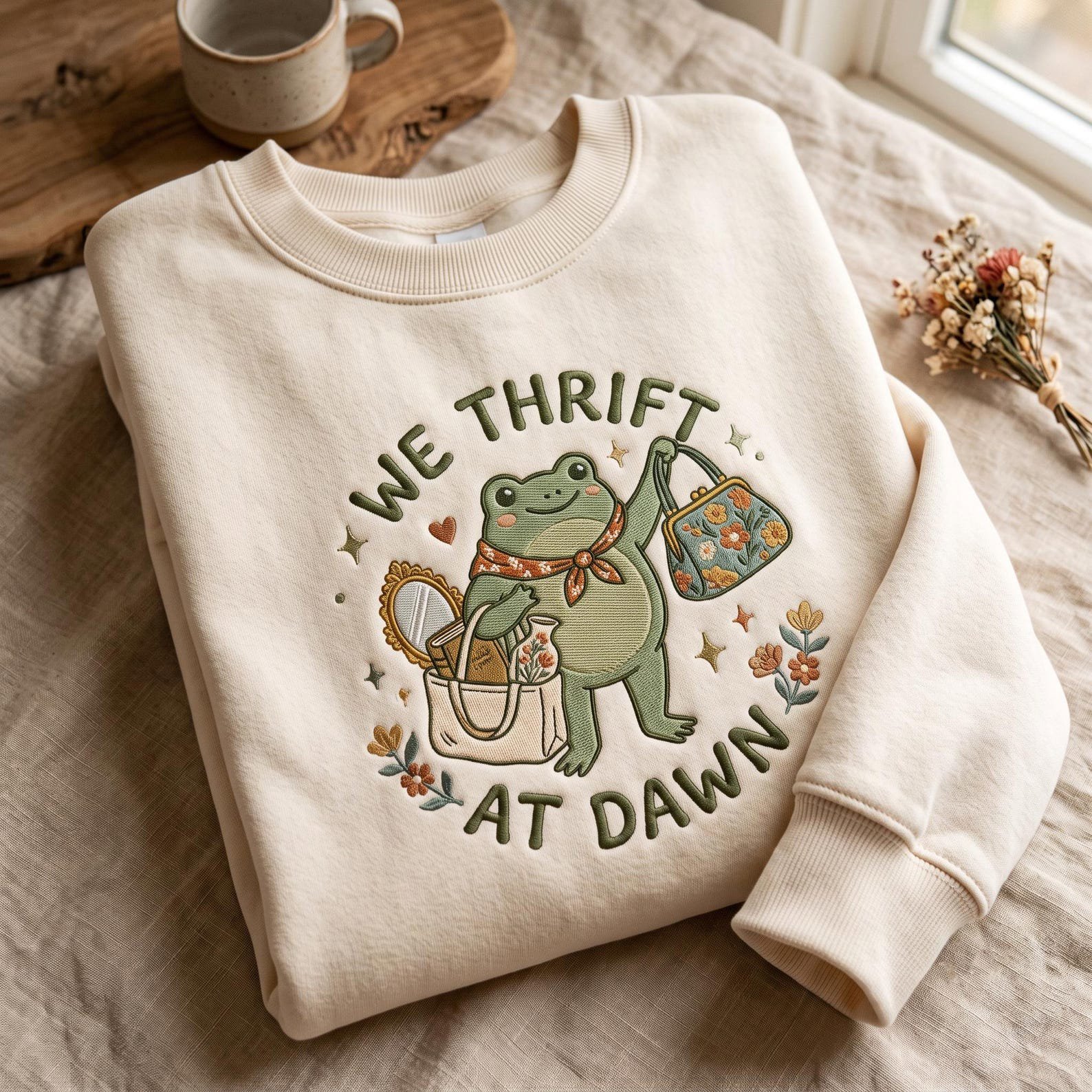 Embroidered We Thrift At Dawn Sweatshirt, Thrift Lover TShirt, Vintage Collector Gift Shirt, Funny Frog Meme Thrifting Shirt, Funny Frog Tee 2