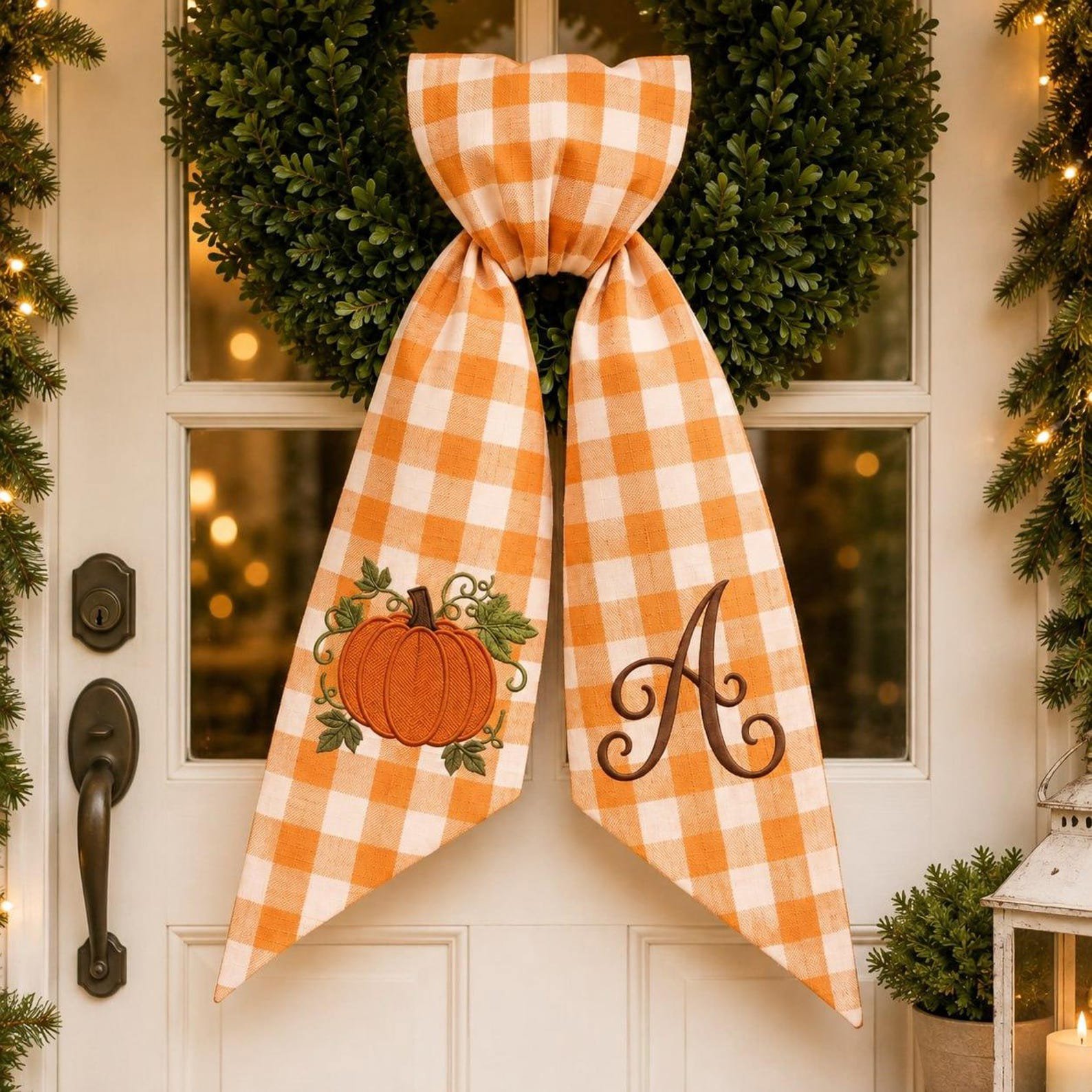 Custom Embroidered Thanksgiving Wreath Sash, Custom Pumpkin Door Sash, Seersucker Fall Wreath Bow, Autumn Door Decor, Hostess Gift Idea 2