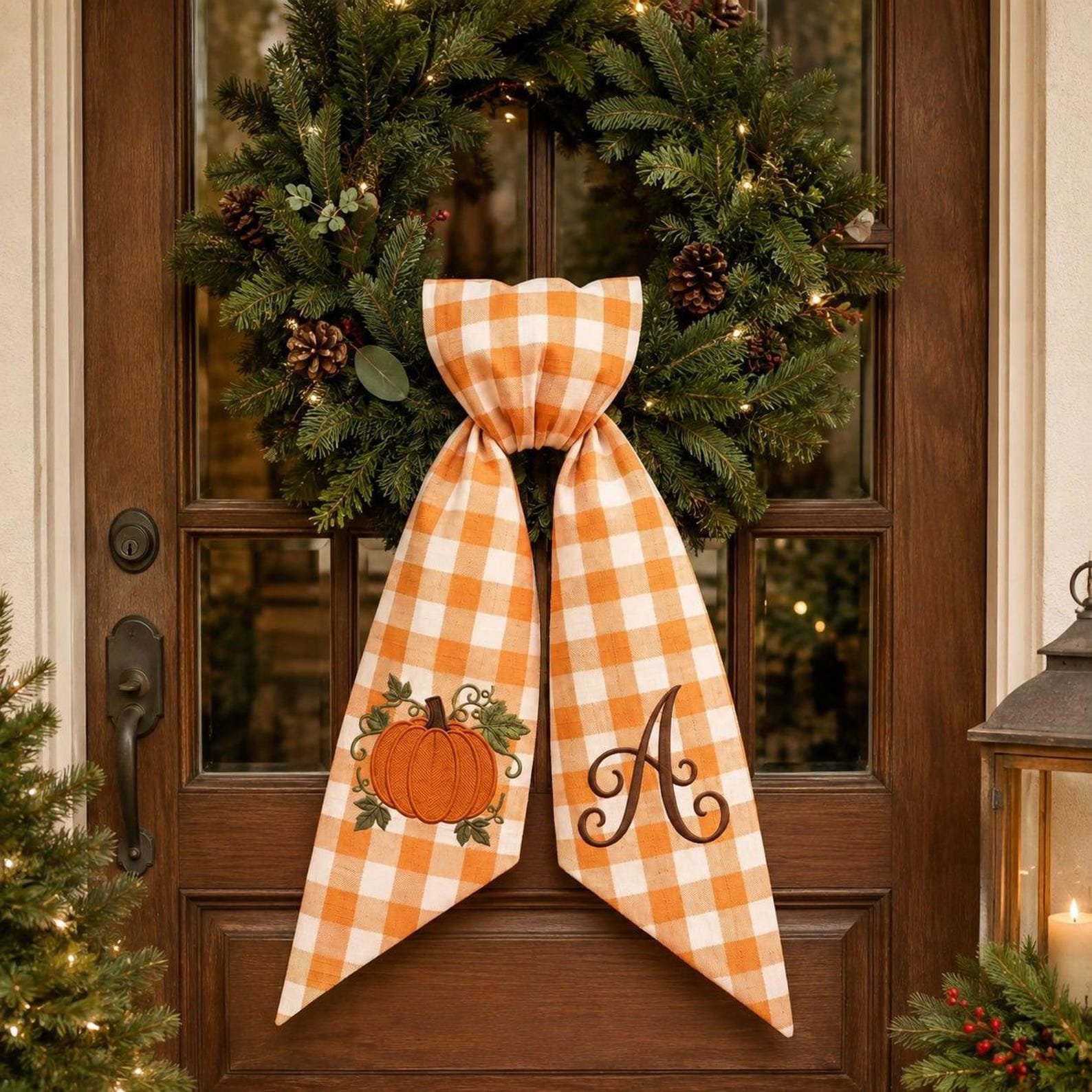 Custom Embroidered Thanksgiving Wreath Sash, Custom Pumpkin Door Sash, Seersucker Fall Wreath Bow, Autumn Door Decor, Hostess Gift Idea 3