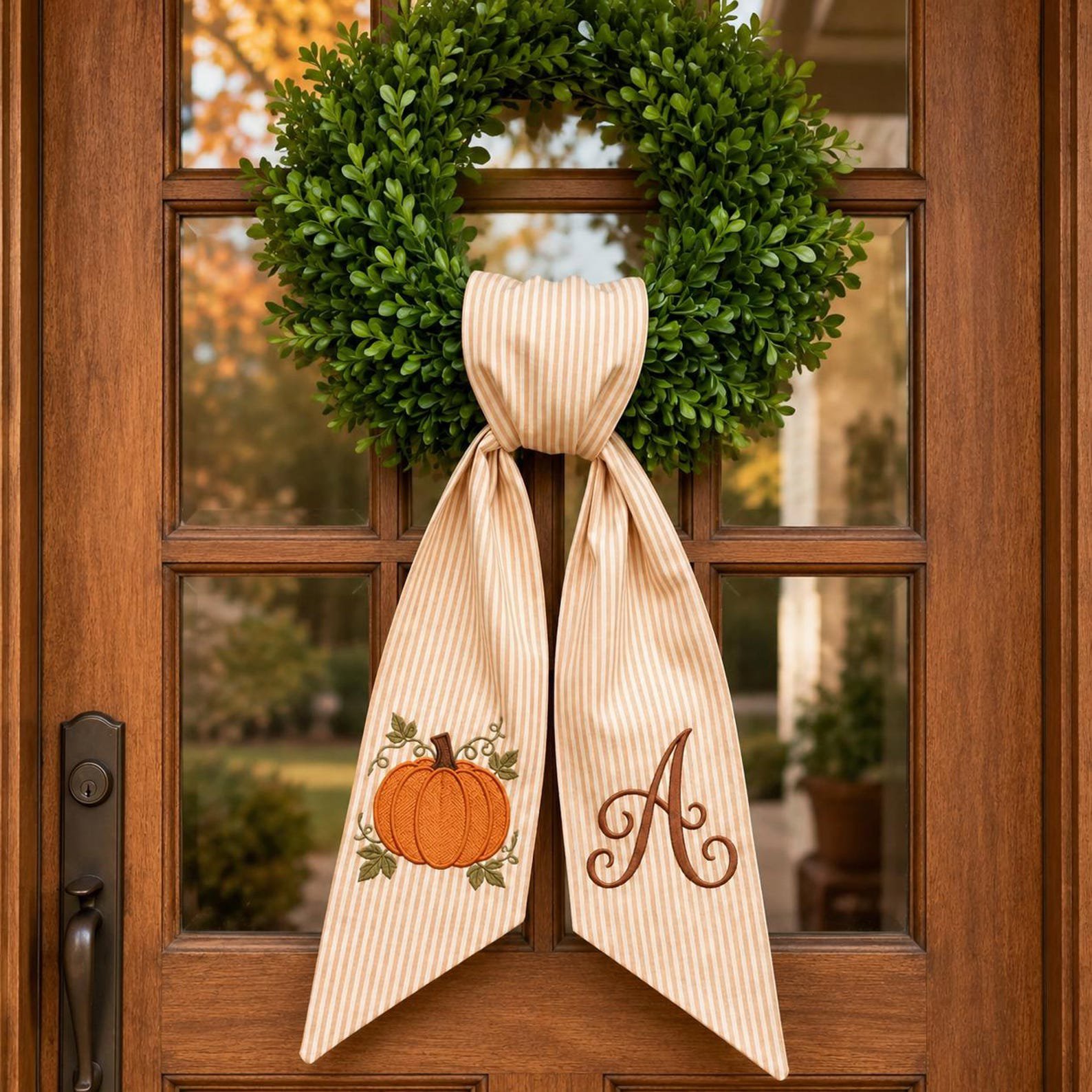 Custom Embroidered Thanksgiving Wreath Sash, Custom Pumpkin Door Sash, Seersucker Fall Wreath Bow, Autumn Door Decor, Hostess Gift Idea 4