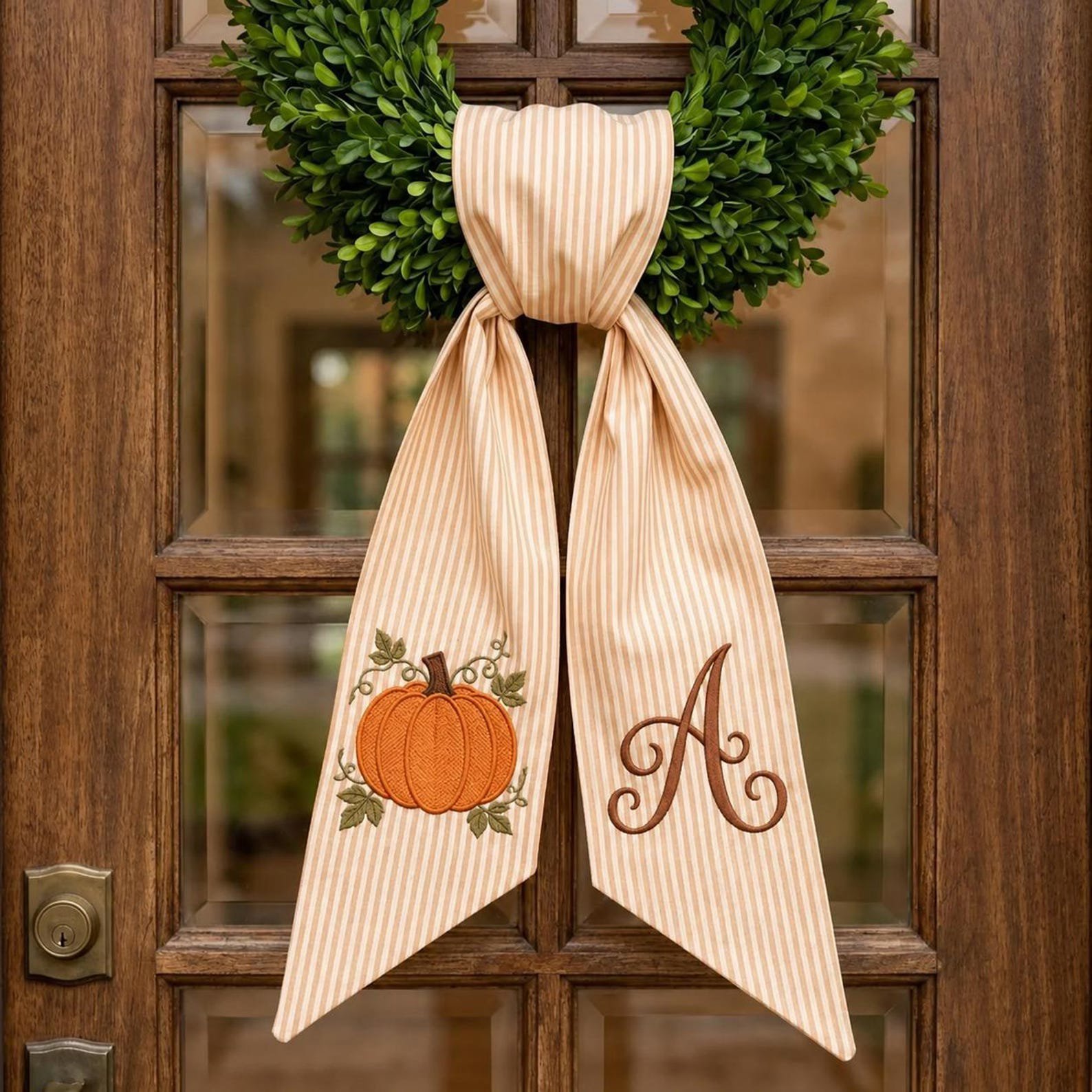 Custom Embroidered Thanksgiving Wreath Sash, Custom Pumpkin Door Sash, Seersucker Fall Wreath Bow, Autumn Door Decor, Hostess Gift Idea 5