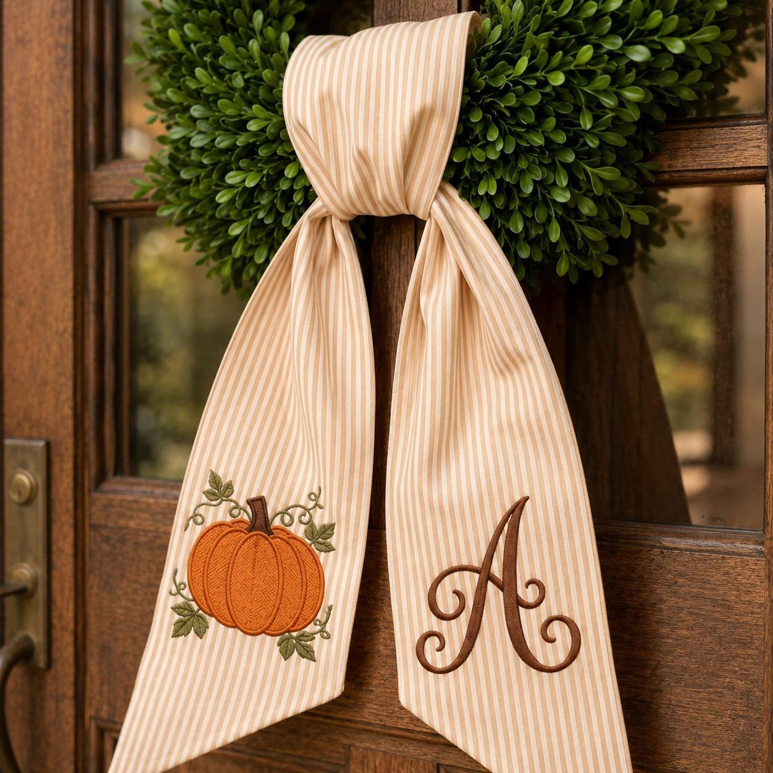 Custom Embroidered Thanksgiving Wreath Sash, Custom Pumpkin Door Sash, Seersucker Fall Wreath Bow, Autumn Door Decor, Hostess Gift Idea 6