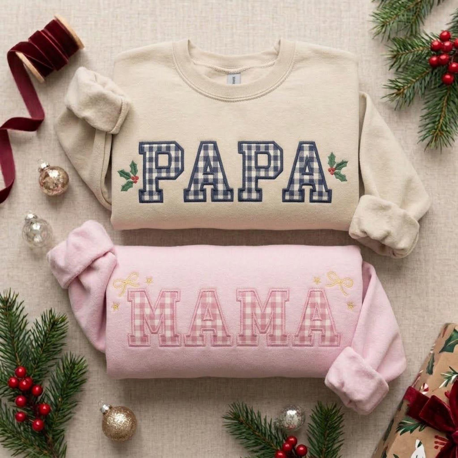 Papa Mama Gigi Mimi Sweatshirt, Custom Applique Embroidered Crewneck, Gingham Family Christmas Shirt, Holiday Grandparent Gift 3