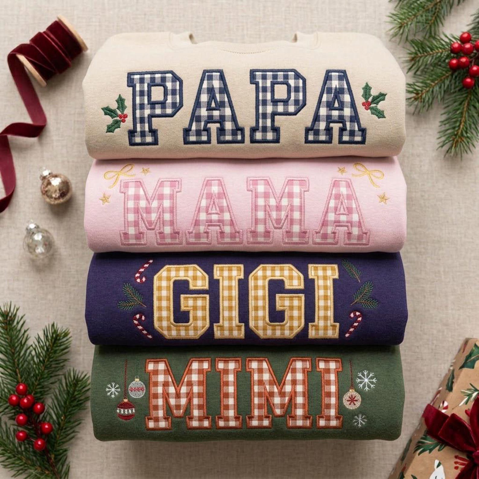 Papa Mama Gigi Mimi Sweatshirt, Custom Applique Embroidered Crewneck, Gingham Family Christmas Shirt, Holiday Grandparent Gift 1