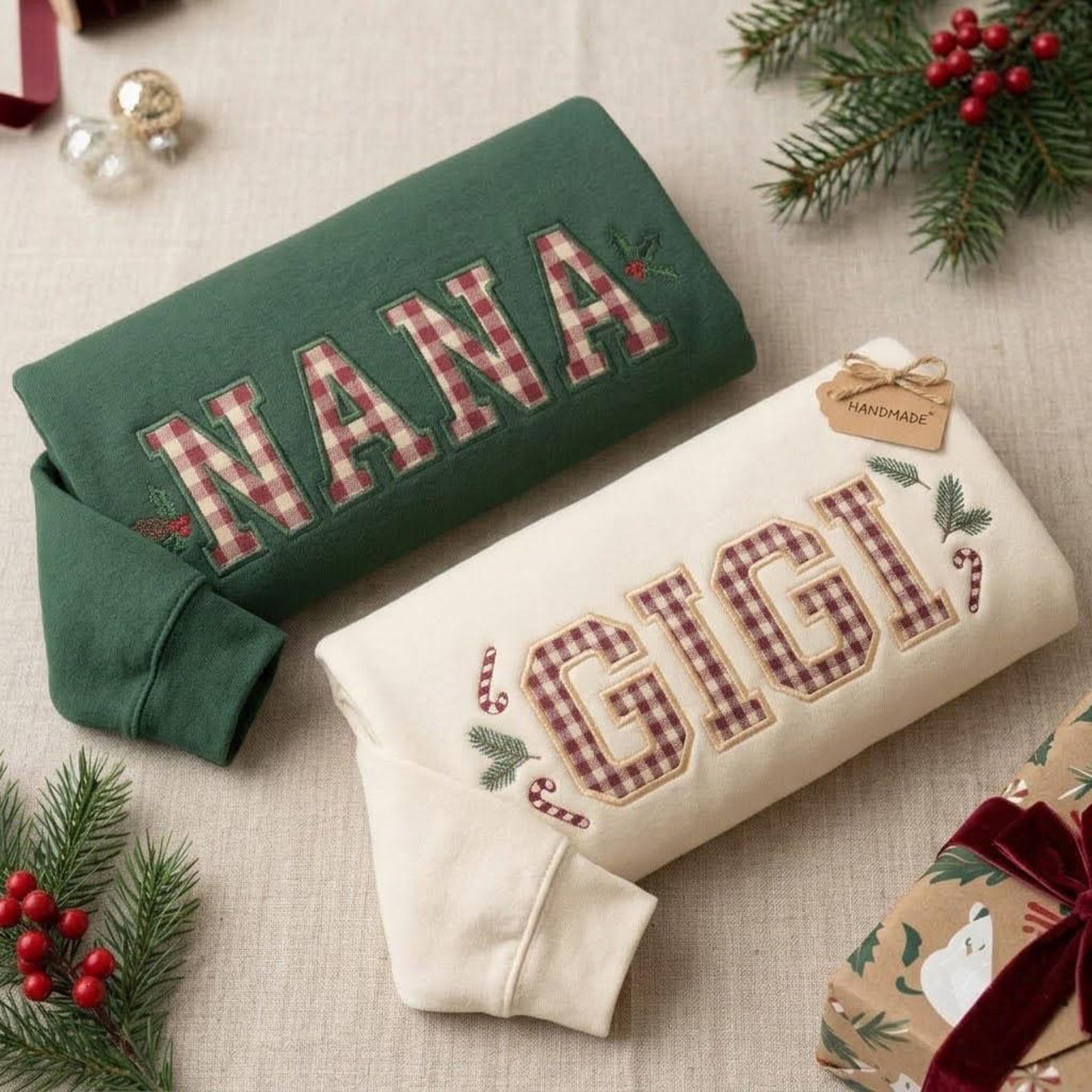 Papa Mama Gigi Mimi Sweatshirt, Custom Applique Embroidered Crewneck, Gingham Family Christmas Shirt, Holiday Grandparent Gift 5