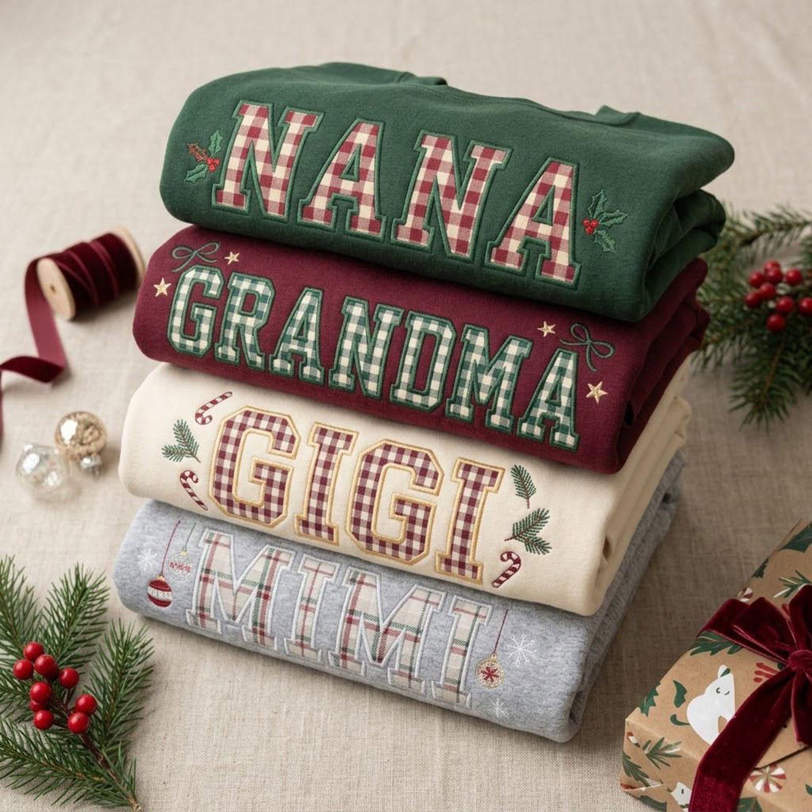 Papa Mama Gigi Mimi Sweatshirt, Custom Applique Embroidered Crewneck, Gingham Family Christmas Shirt, Holiday Grandparent Gift 4