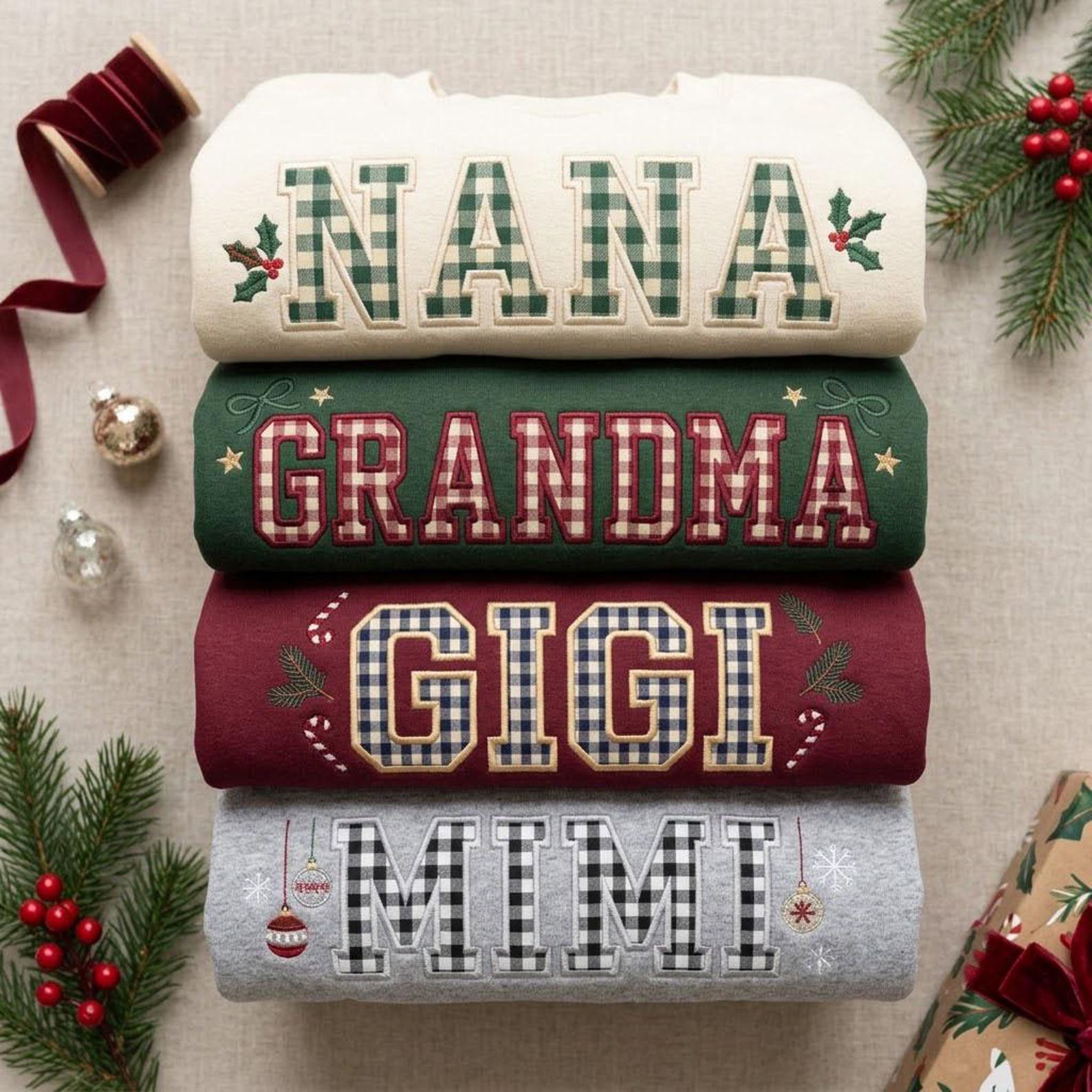 Papa Mama Gigi Mimi Sweatshirt, Custom Applique Embroidered Crewneck, Gingham Family Christmas Shirt, Holiday Grandparent Gift 6