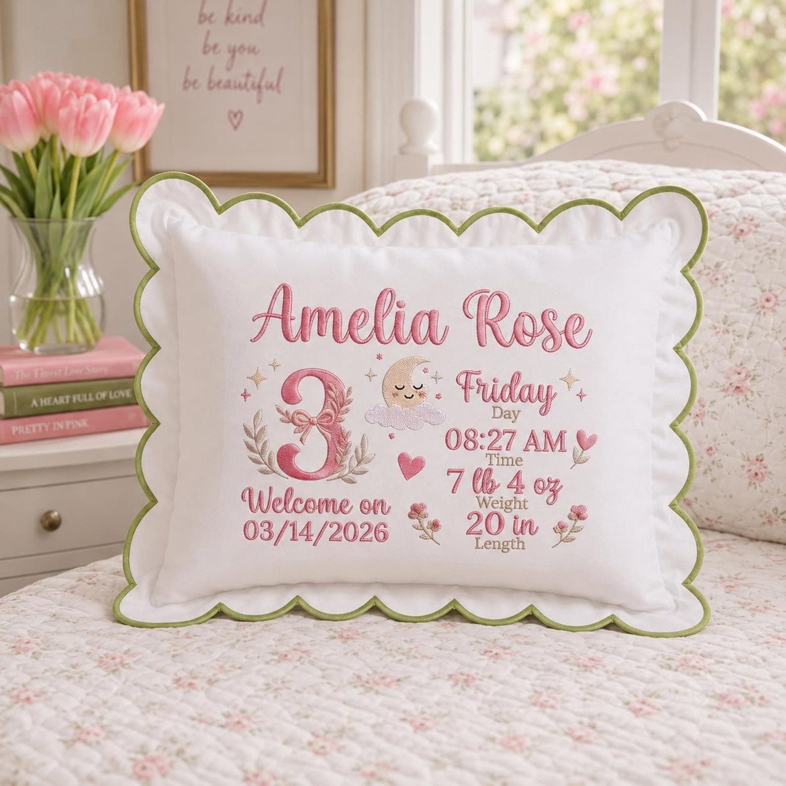 Embroidered Custom Birth Announcement Baby Pillow, Baby Shower Gift, Baby Name Cushion, Newborn Stats Keepsake, Nursery Decor 3