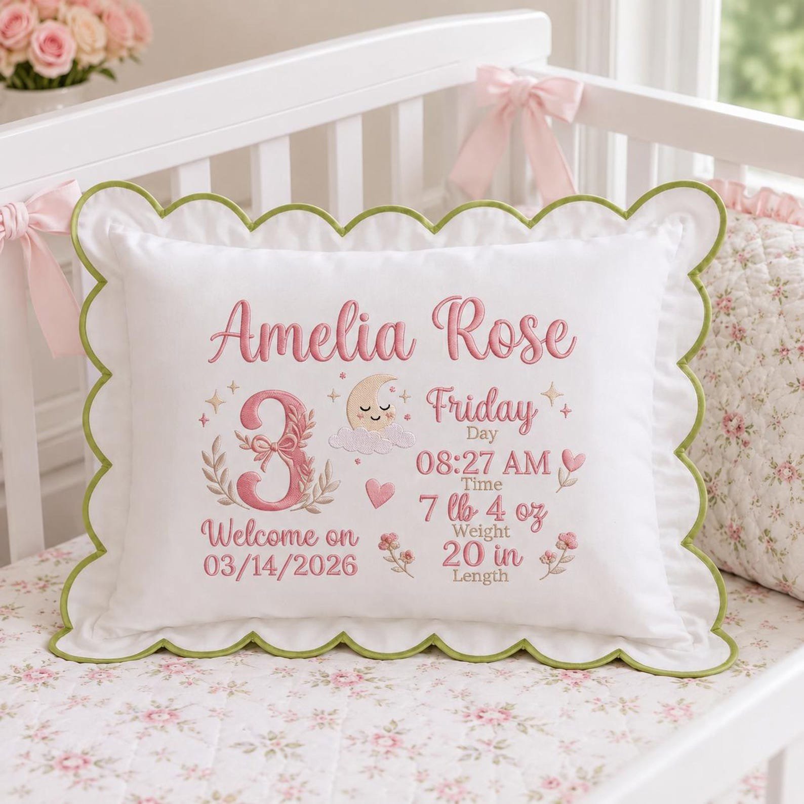 Embroidered Custom Birth Announcement Baby Pillow, Baby Shower Gift, Baby Name Cushion, Newborn Stats Keepsake, Nursery Decor 1