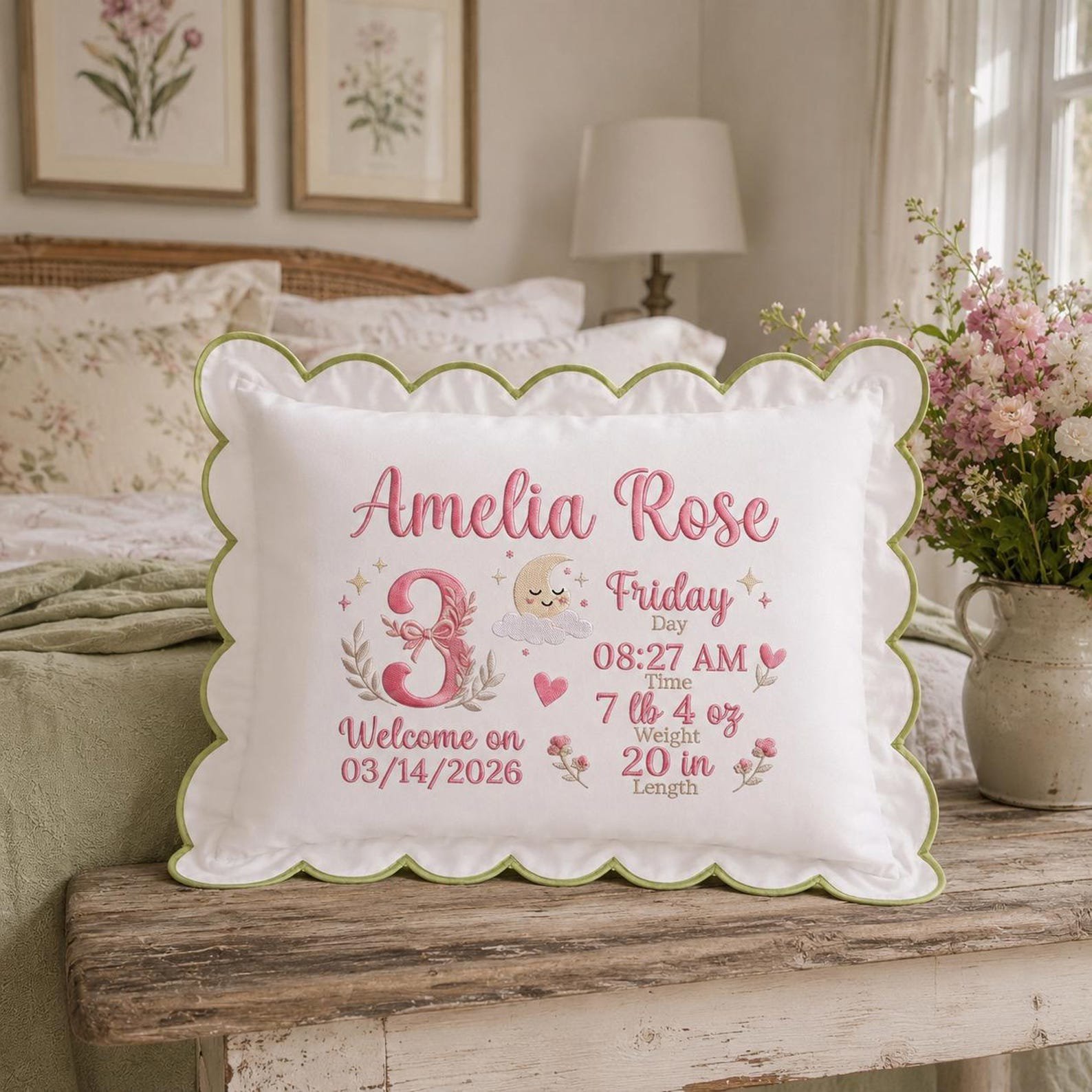 Embroidered Custom Birth Announcement Baby Pillow, Baby Shower Gift, Baby Name Cushion, Newborn Stats Keepsake, Nursery Decor 4