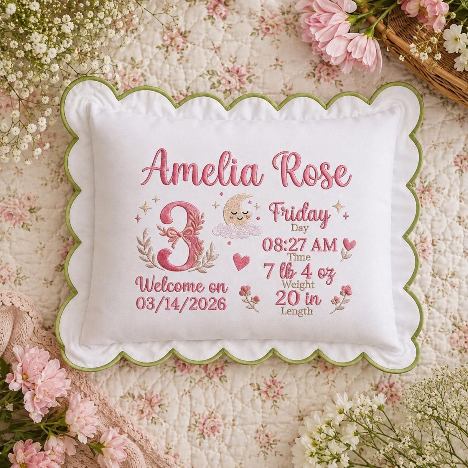 Embroidered Custom Birth Announcement Baby Pillow, Baby Shower Gift, Baby Name Cushion, Newborn Stats Keepsake, Nursery Decor 5