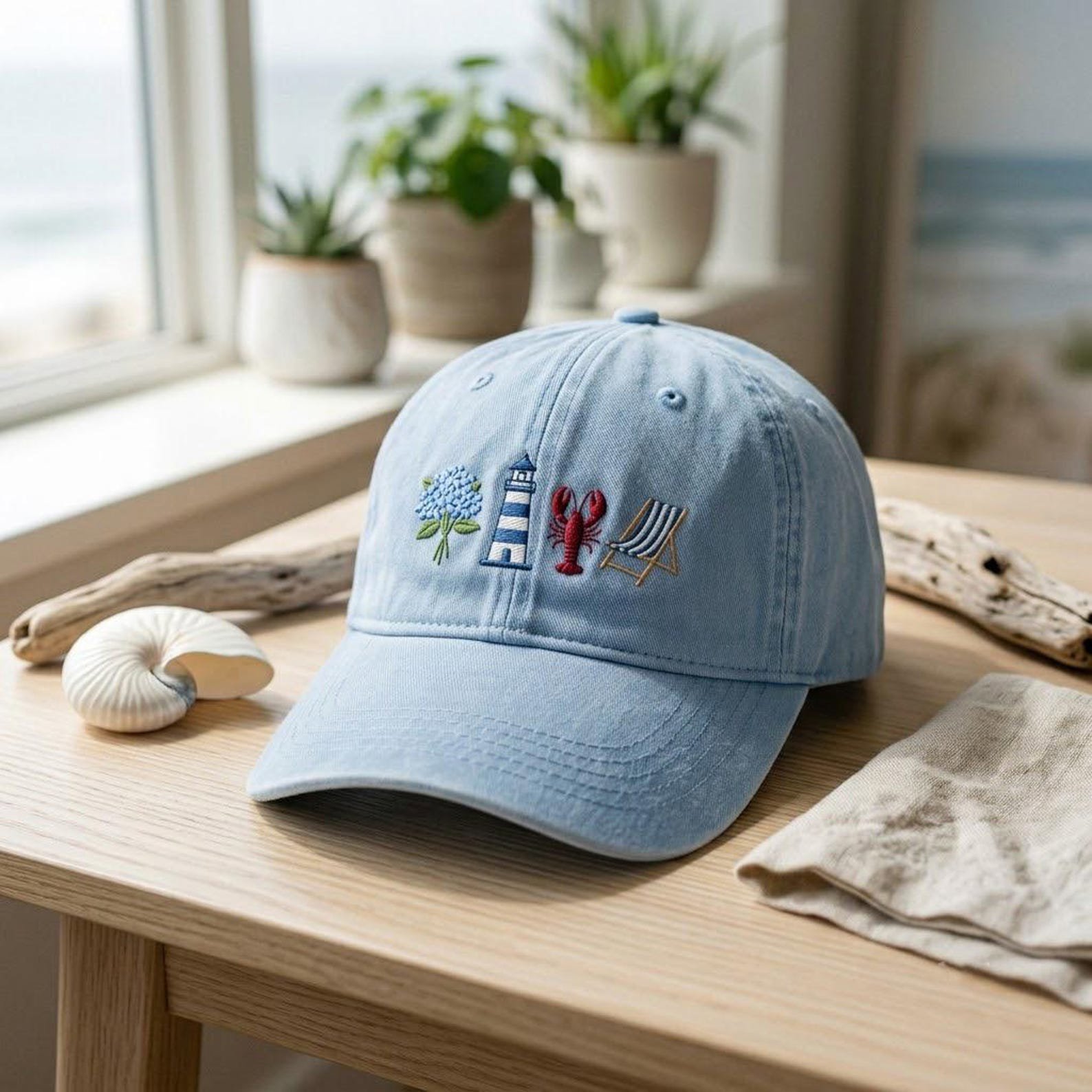 Nautical Embroidered Washed Hat, Coastal Lighthouse Lobster and Hydrangea Cap, Beach Chair Design, Seaside Vacation Gift for Adults 2