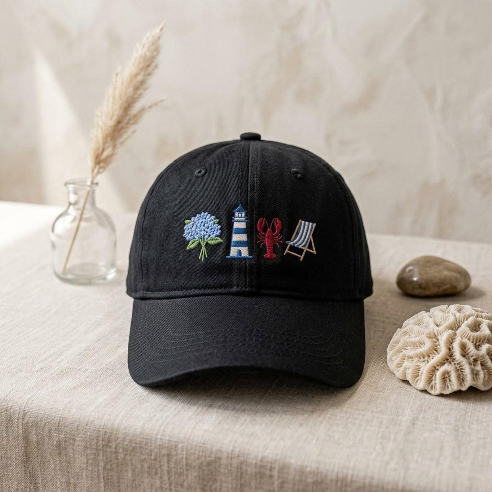 Nautical Embroidered Washed Hat, Coastal Lighthouse Lobster and Hydrangea Cap, Beach Chair Design, Seaside Vacation Gift for Adults 4