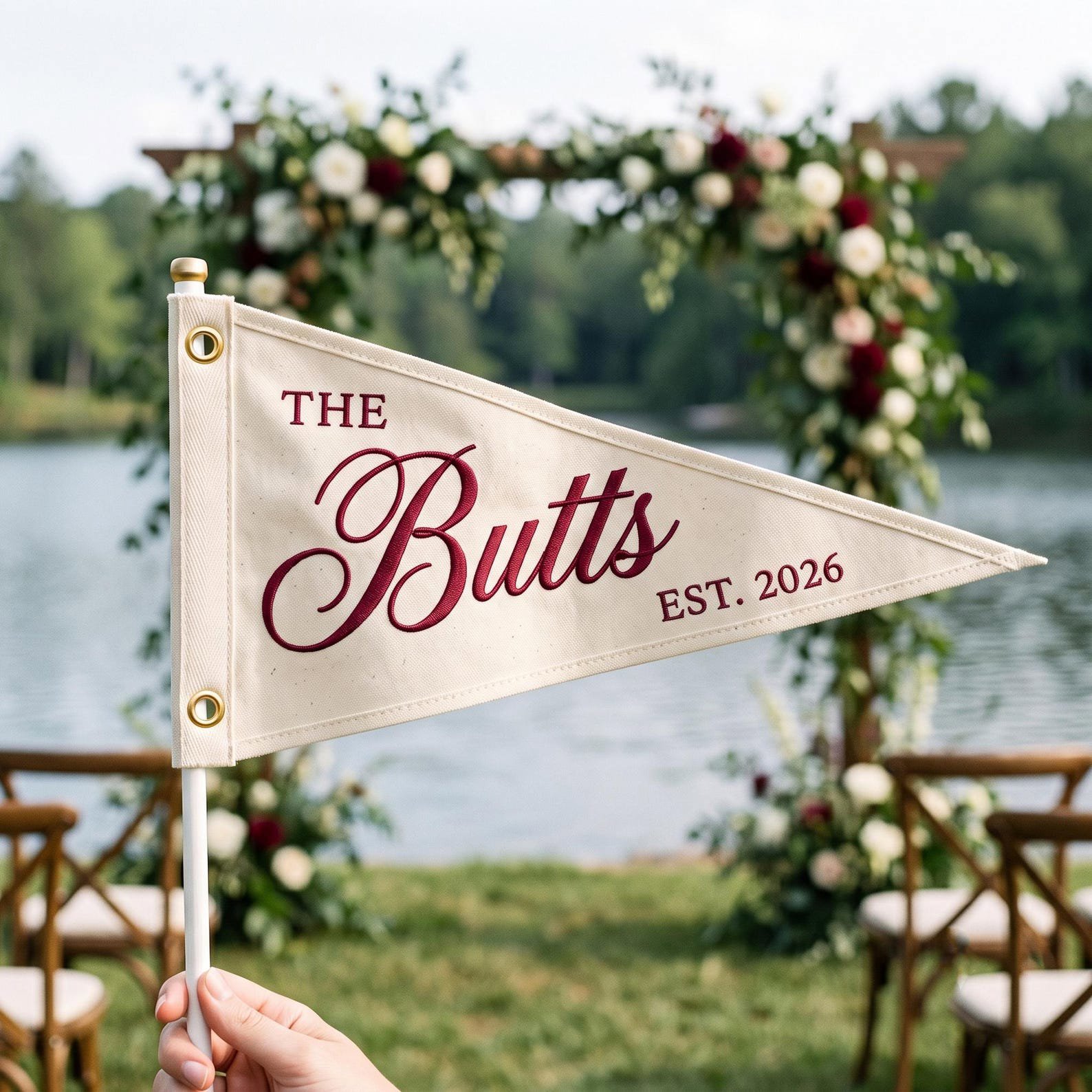 Custom Embroidered Wedding Pennant Flag, Embroidered Last Name Banner, Custom Family Name Flag, Wedding Gift, Housewarming Decor Gift 1