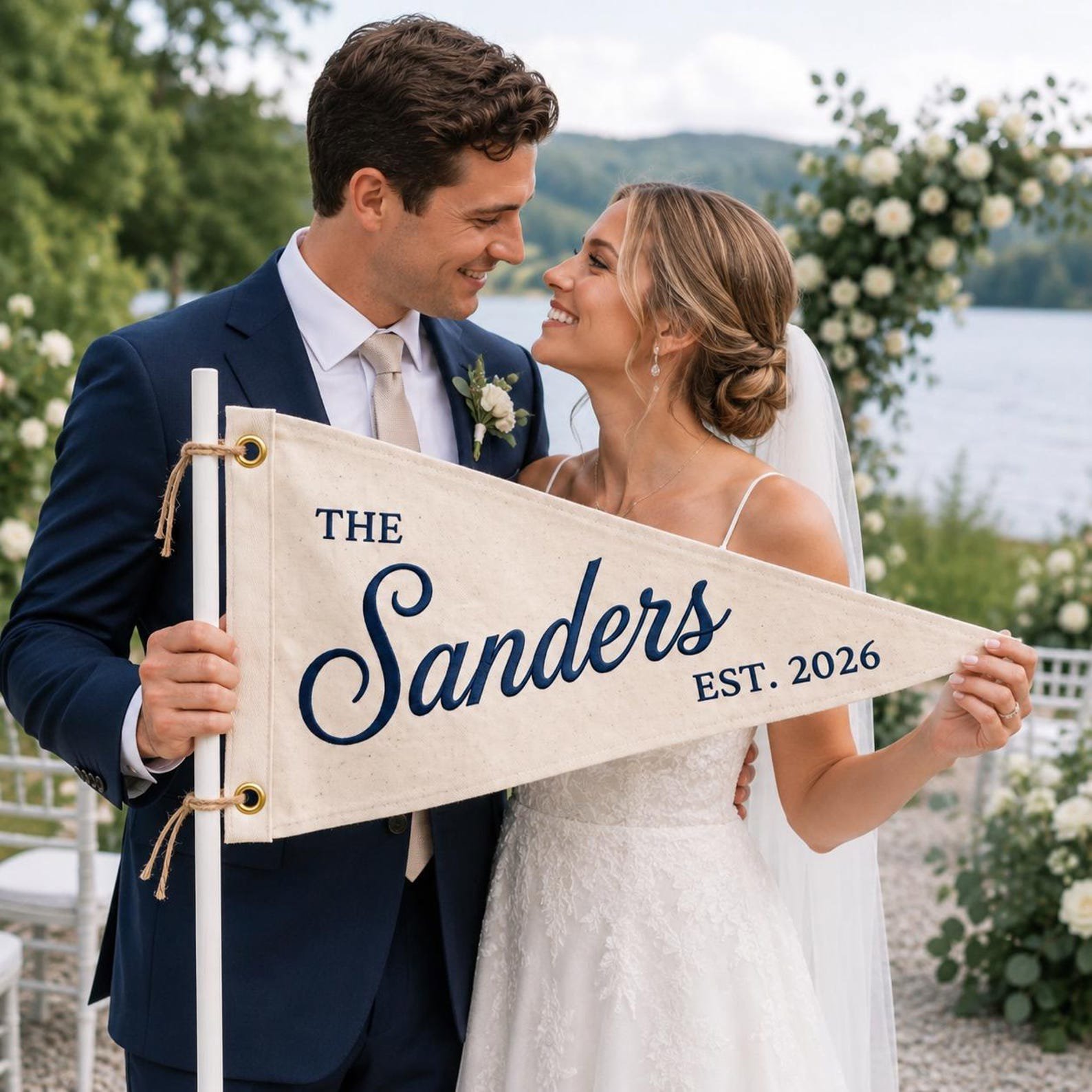 Custom Embroidered Wedding Pennant Flag, Embroidered Last Name Banner, Custom Family Name Flag, Wedding Gift, Housewarming Decor Gift 3