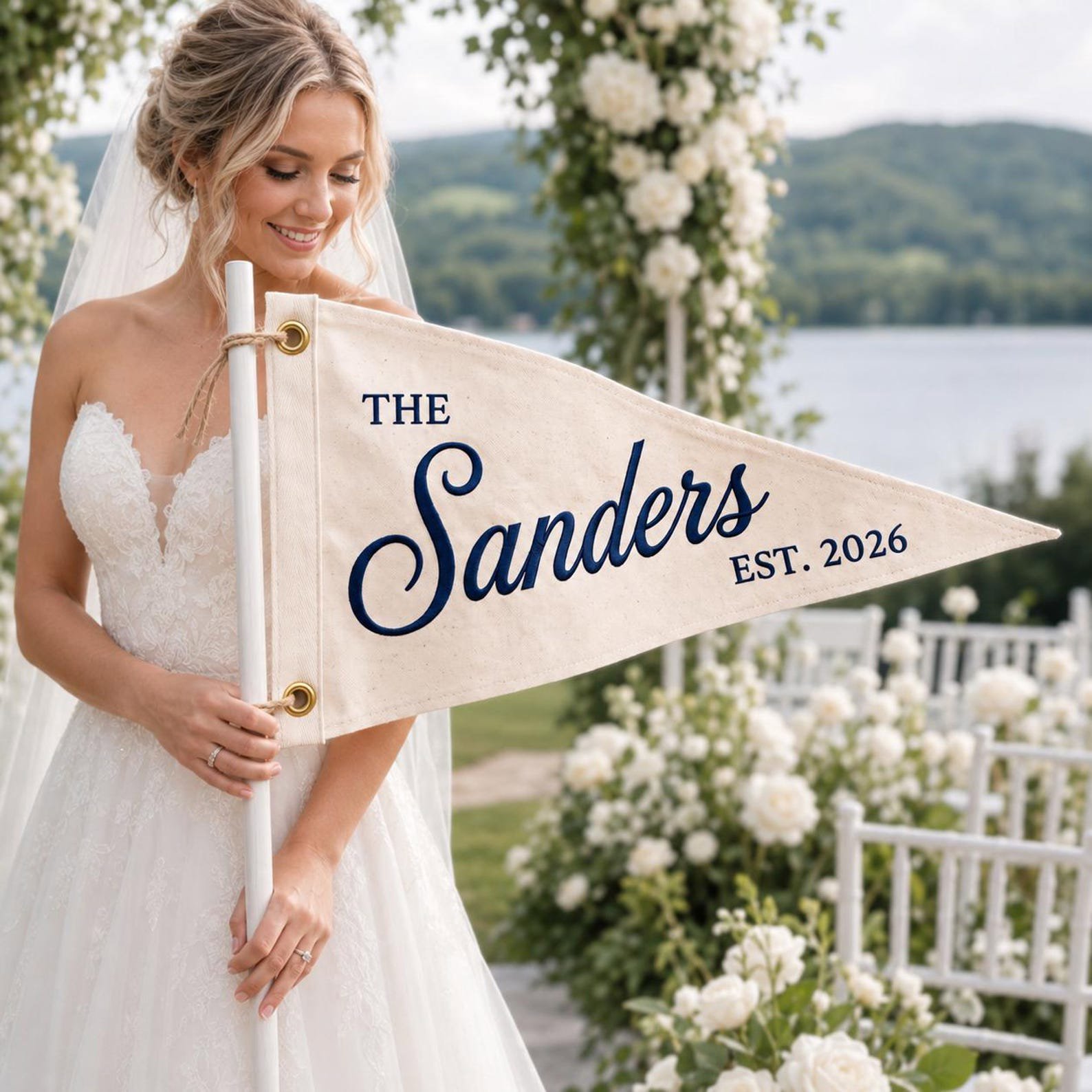 Custom Embroidered Wedding Pennant Flag, Embroidered Last Name Banner, Custom Family Name Flag, Wedding Gift, Housewarming Decor Gift 2